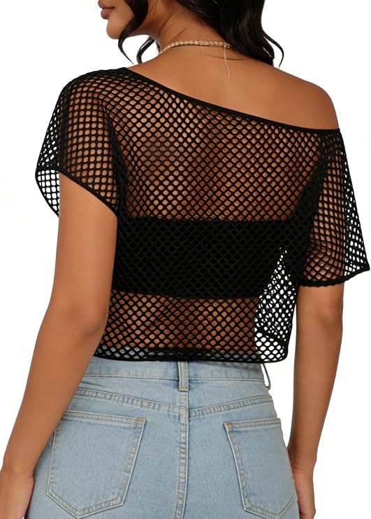 LilyCoco Women Mesh Fishnet Top Off The Shoulder Crop Tops