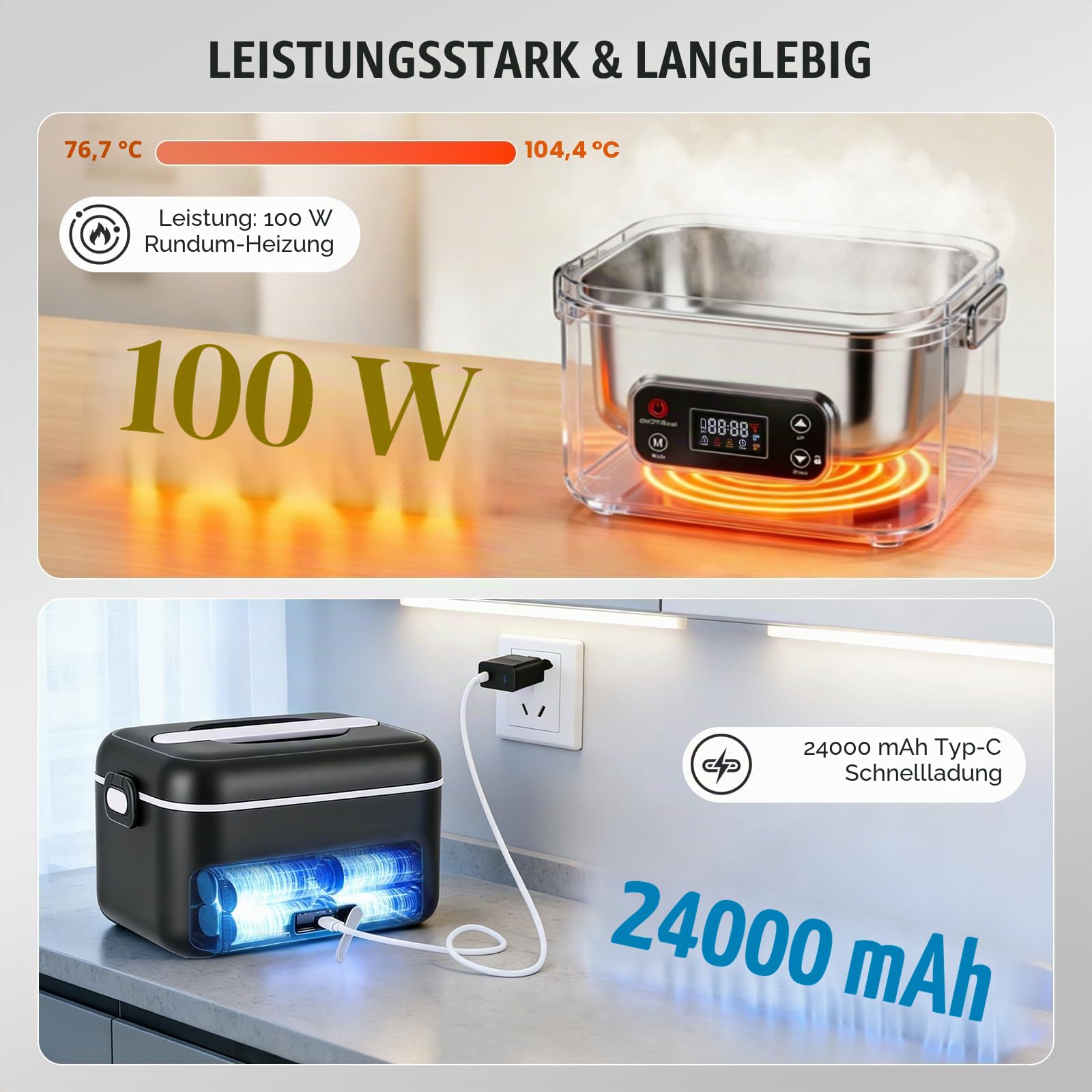 Elektrische Lunchbox mit 100W Rundum-Heizung, 24000mAh Akku, Temperatursteuerung (80–105°C), Timer & Warmhaltefunktion, 1300ml Edelstahl-Behälter, auslaufsicher – Ideal für Arbeit, Baustelle, Büro
