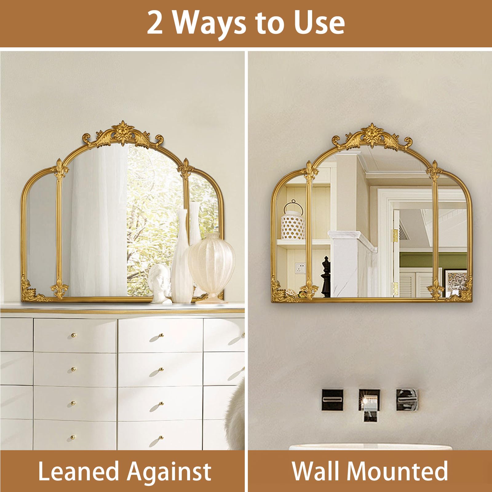 Espejo de Pared de Arco Dorado de 24 x 22 Pulgadas, Estilo Barroco con Marco de Metal, tocador, Dormitorio, baño, Entrada