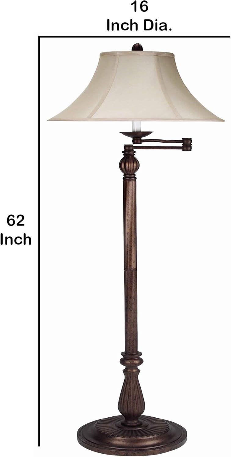 Benjara Swing Arm Metal Body Floor Lamp with Fabric Bell Shade, Bronze and Beige