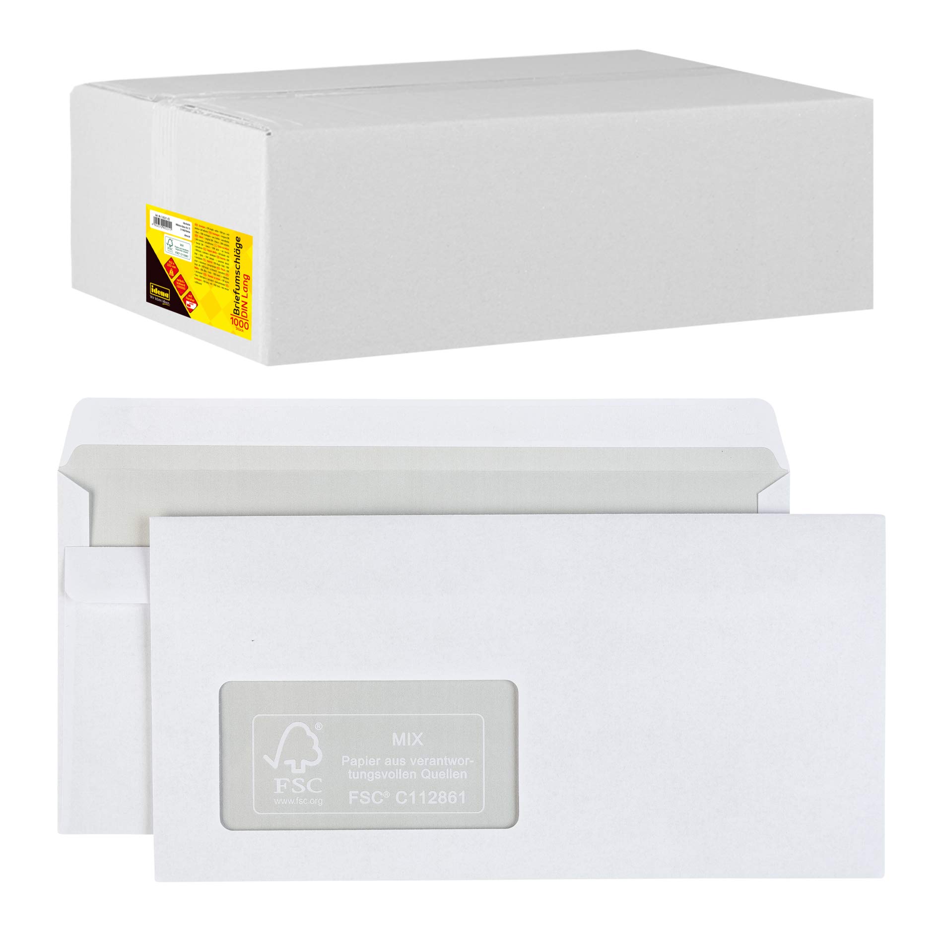 Idena 10221 Koperty Długie, 75 g/m², Samoprzylepne, z Okienkiem, Białe, 1000 Sztuk