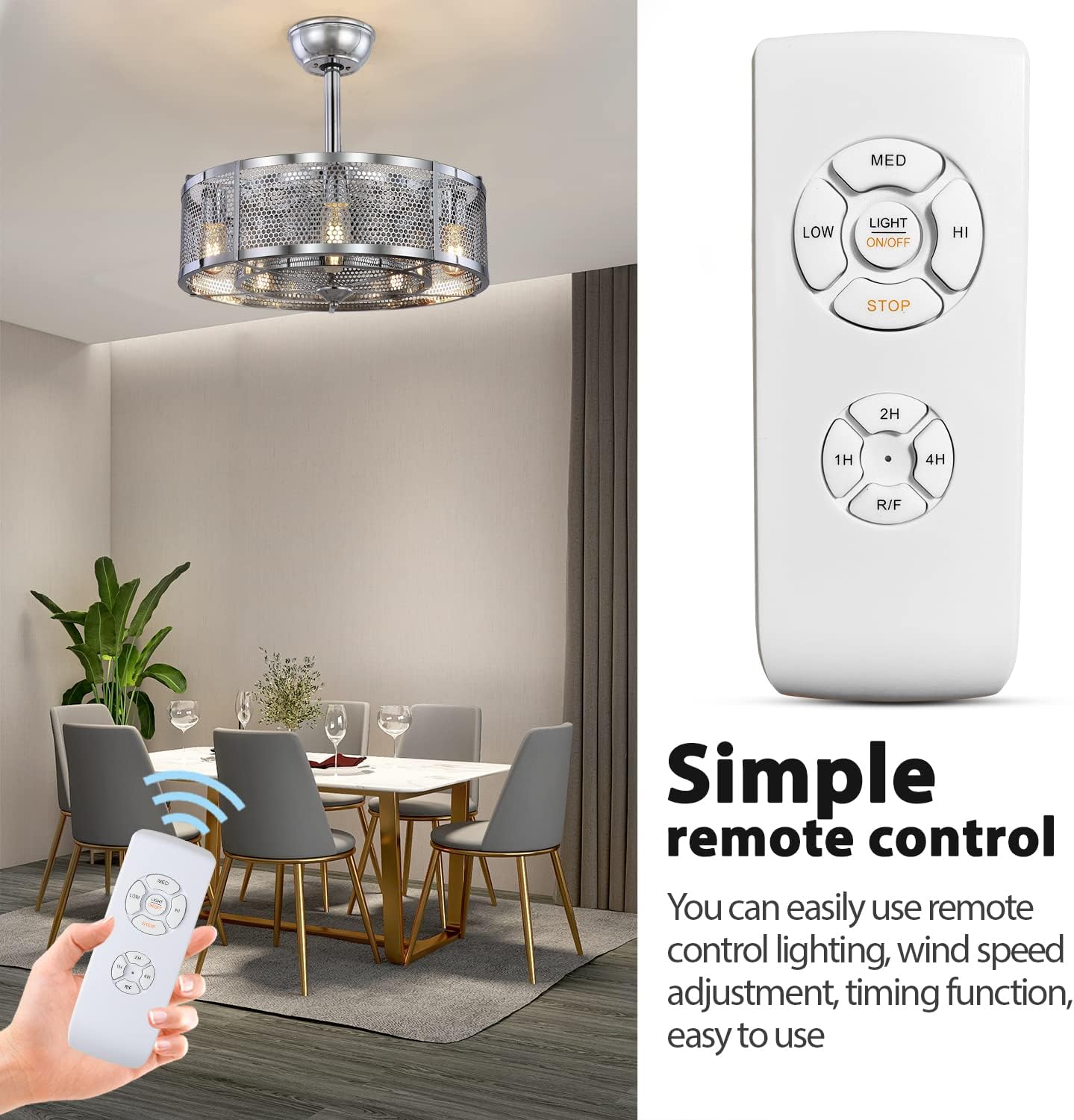 Image showing the SHIHOT ceiling fan remote control with buttons for light on/off, fan speed (low, med, hi, stop), timer settings (1H, 2H, 4H), and reverse function (R/F).