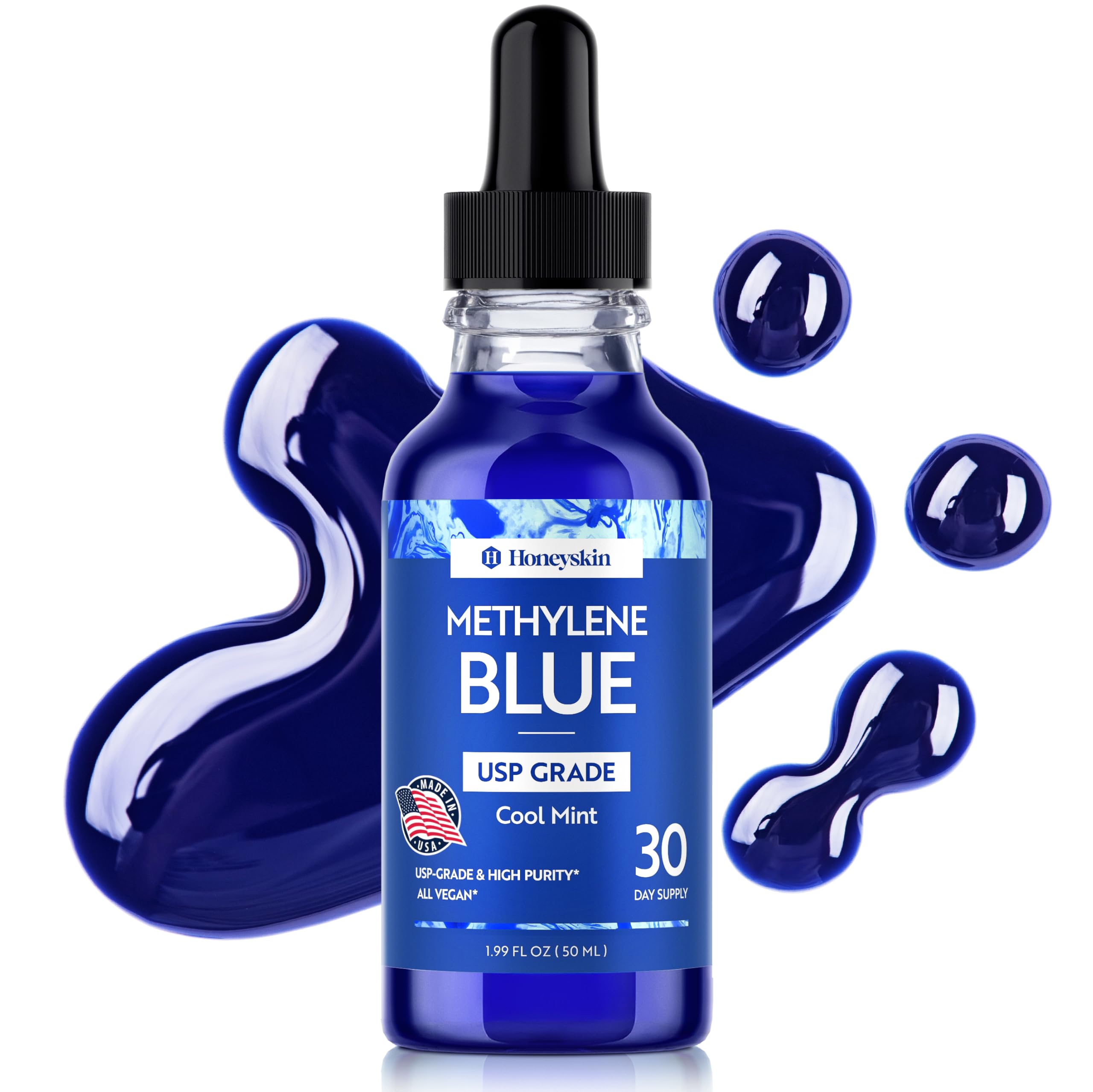 Honeyskin Methylene Blue Pharmaceutical Grade – 1% USP Grade High Purity Liquid Drops, Cool Mint Flavor | Alcohol-Free & Formaldehyde-Free | 50 Servings | Third-Party Tested, Made in USA