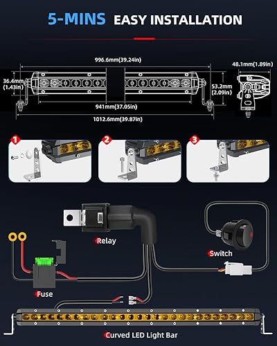 Miniatura 6 de BraveWAY Barra de luz LED curvada amarilla de 26 pulgadas, una fila de 10,800 lúmenes, haz combinado de inundación puntual de niebla ámbar, barra de