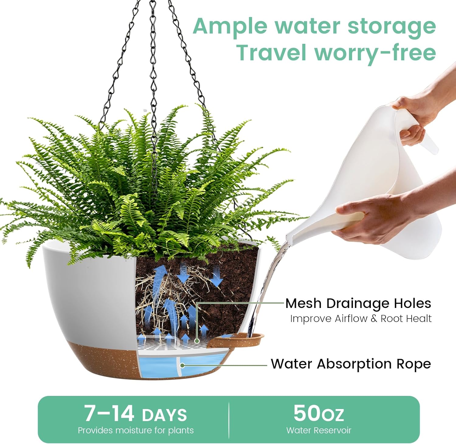 13 Inch 2 Pack Large Self Watering Hanging Planters for Indoor Outdoor Plants, Hanging Plant Pots with Removable 50 Oz Reservoir, Plastic Hanging Basket for Window Porch Garden, White with Brown