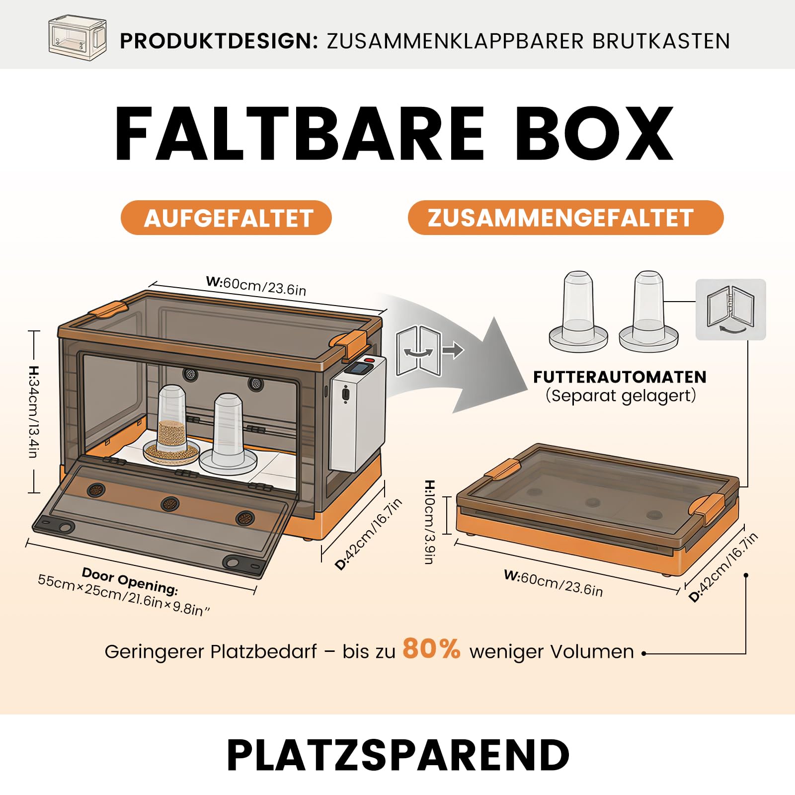 Inkubator für Küken 85L Brutkasten Faltbare Brutbox für Geflügel(Orange)