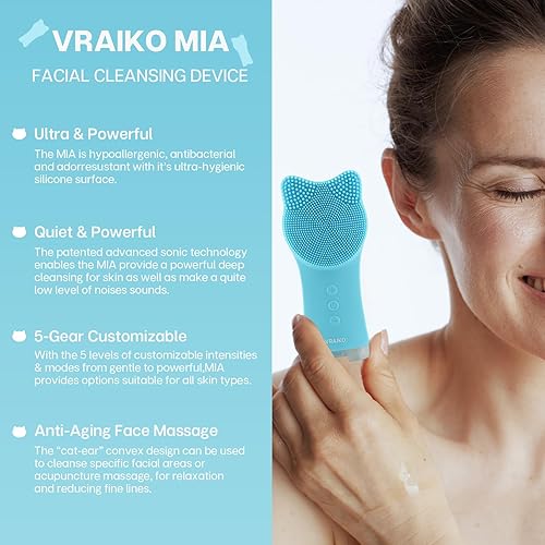 Miniatura 2 de VRAIKO MIA Cepillo de limpieza facial, cepillo de limpieza facial recargable impermeable, con silicona suave y vibración sónica ajustable, para
