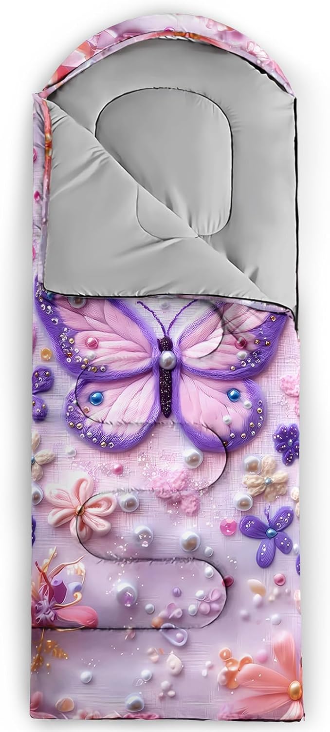 QOOMO Heart Butterfly Camping Sleeping Bags,3 Season Warm & Cool Weather,Lightweight,Waterproof Sleeping Bags for Adults & Kids,Traveling,and Outdoors,Camping Gear Equipment