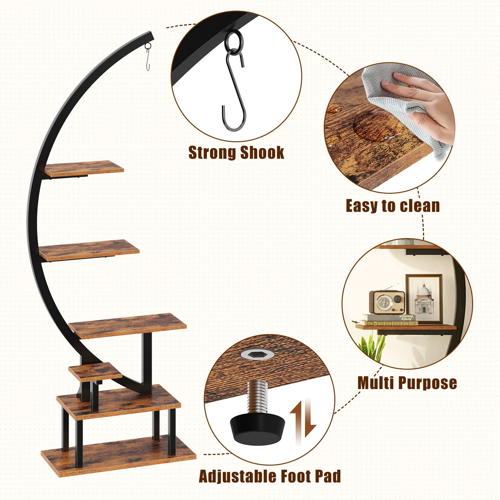 GREENSTELL Plant Stand, Half Moon Multiple Tiered Metal Plant Shelf with Grow Light, 6 Tier Curved Ladder Flower Pot Stand Display Rack for Indoor Living Room Patio Garden Balcony Black (2 Pack)