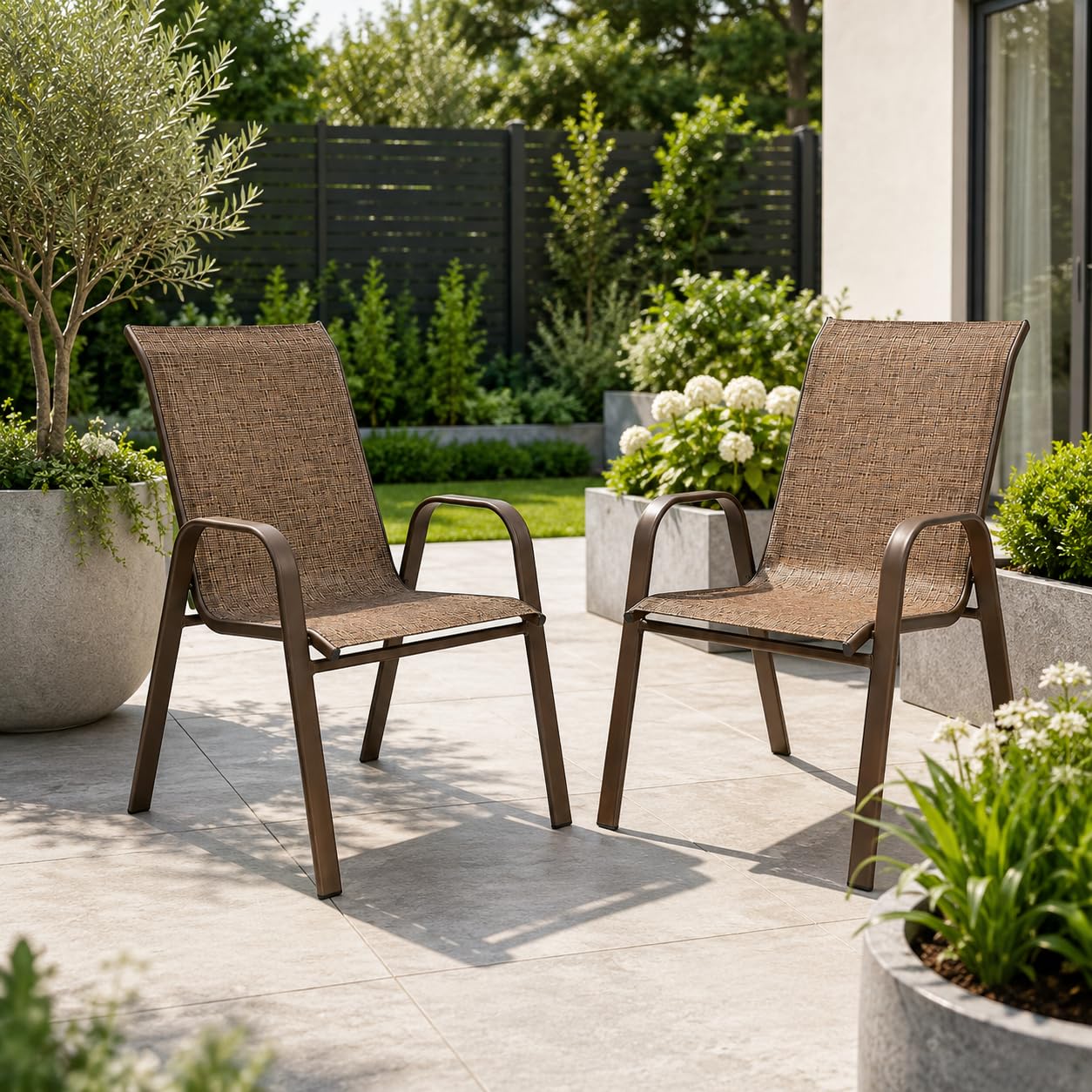 Emirates Living Garden Dining Chairs Set of 2, Stackable Outdoor Patio Chairs with Breathable Textilene Mesh, Powder Coated Steel Frame, Armchairs for Garden, Balcony & Conservatory, Brown