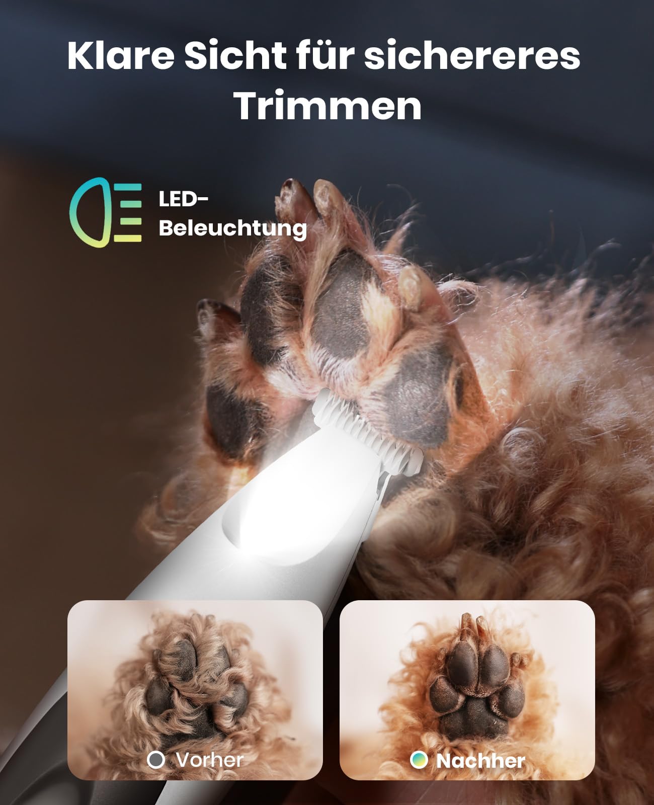 oneisall 2in1 Pfotentrimmer für Hunde + Krallenschleifer für Hunde | Leise 35dB, 2-LED-Leuchte, USB-C, 150 Minuten Laufzeit, 2 Drehzahlen (6500/7500 U/min), für Kleine und Mittelgroße Hunde