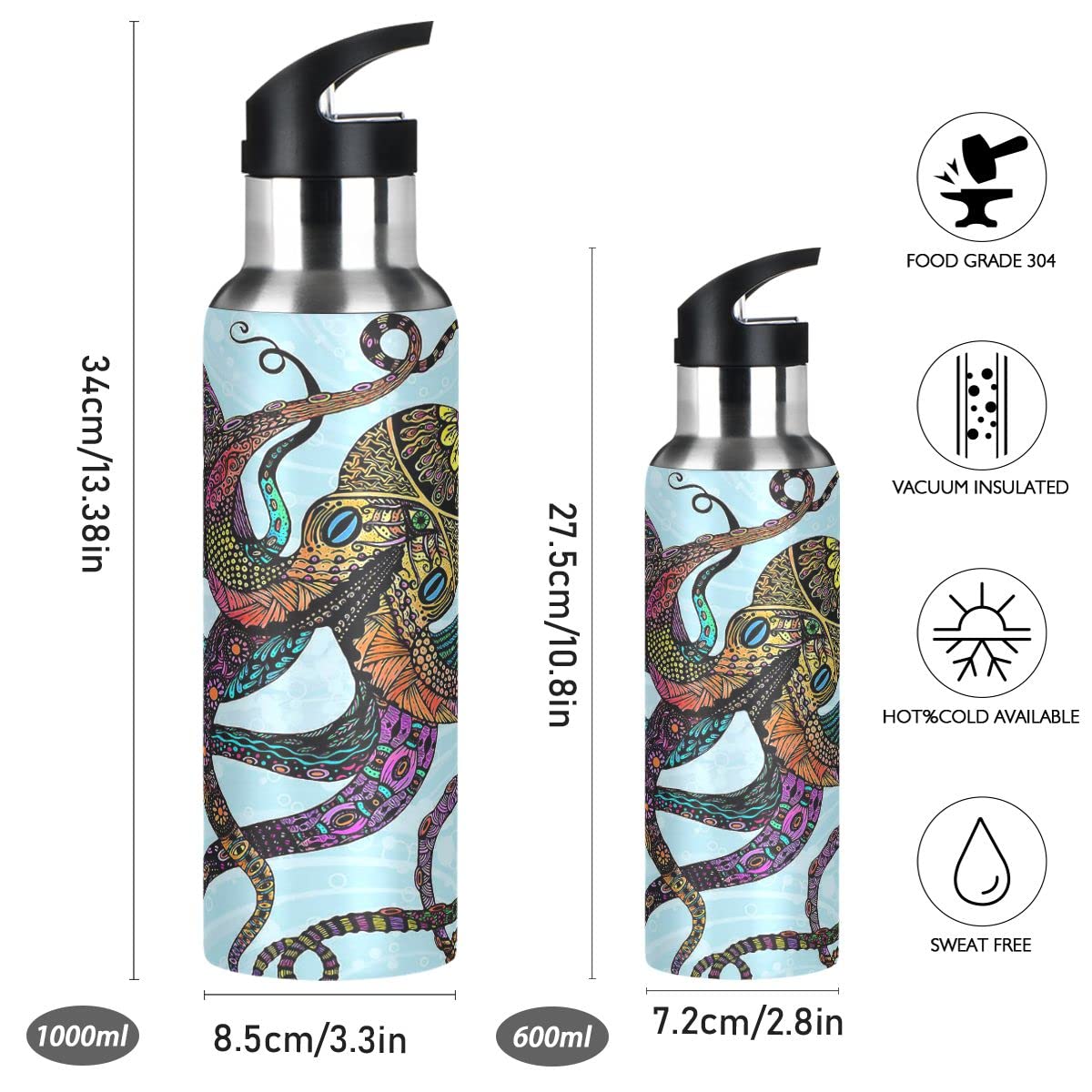 Edelstahl Wasserflasche mit Strohhalm, Octopus isolierte Trinkflasche Sport Wasserflasche für Kinder Erwachsene, auslaufsicher, 1L