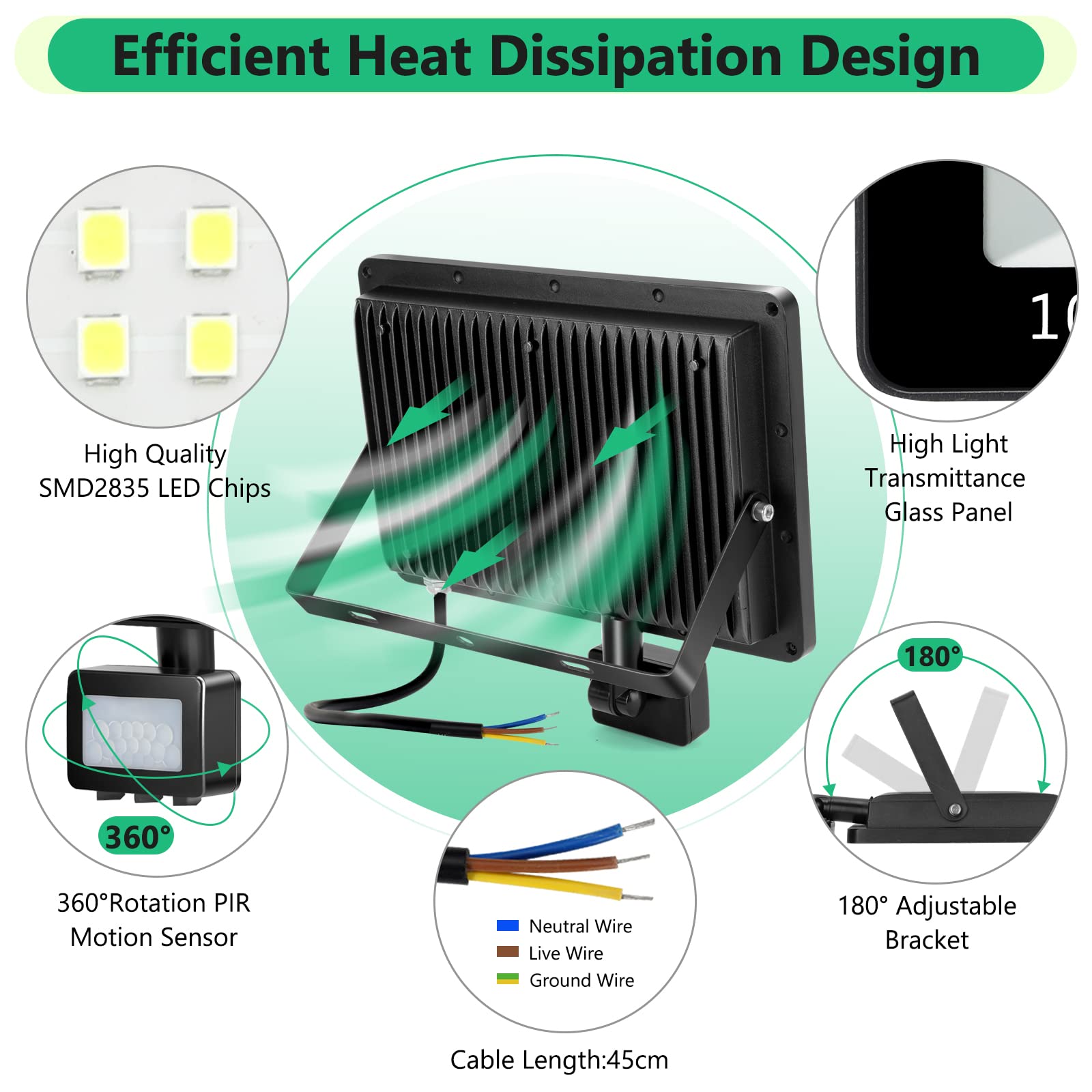 Foco LED con Sensor de Movimiento 100W, 10000LM 7000K Focos LED Exterior, IP67 Impermeable Luz LED con Sensor de Movimiento, 180 LEDs Luces Led Exterior para Jardin, Terraza, Garaje, Entrada