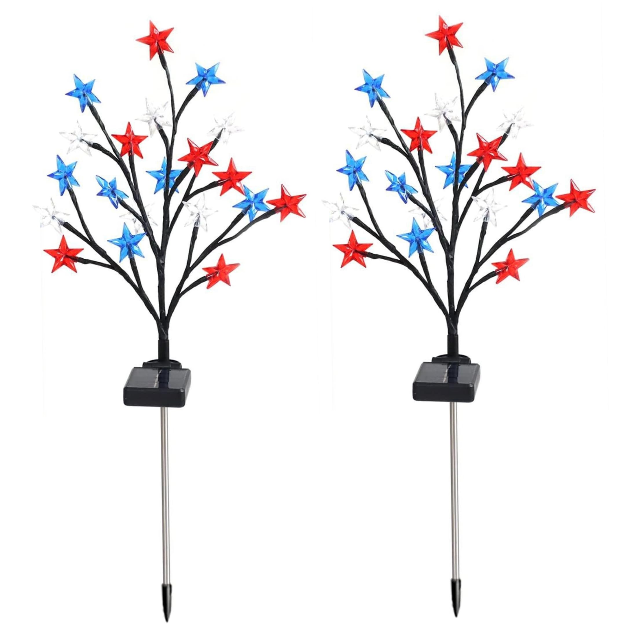 Red White and Blue Solar Lights, 2 Pack Patriotic Solar Lights Outdoor - Smart Light Control, Waterproof Red White Blue Star Garden Stakes for 4th of July Decorations