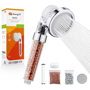 Ibergrif M22025 Water-Saving Shower Head with Filter - High Pressure Hand Shower with 3 Jet Types & Anti-Limescale Function Shower Head Pressure Increasing with Water Filter for Hard Water Skin & Hair - Chrome
