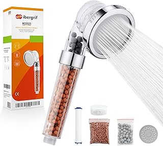 Ibergrif Duschkopf mit Filter – Wassersparende Hochdruck-Handbrause mit 3 Strahlarten, 3-Schichten-Filtration gegen Chlor, Bakterien & Kalk, Antikalk-Funktion, Chrom – Für Hartes Wasser, M22025