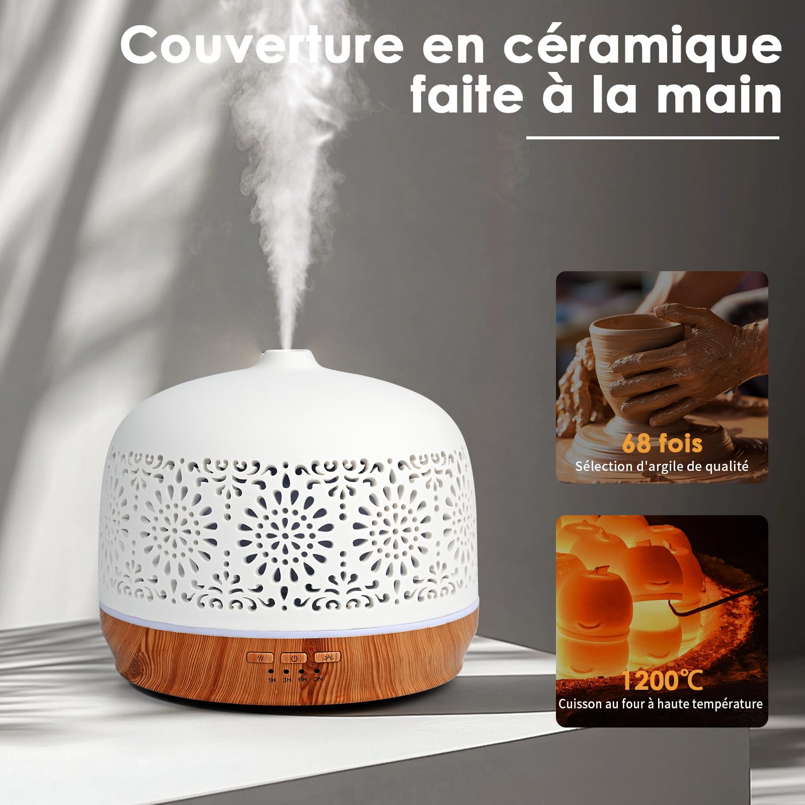 Diffuseur Huiles Essentielles en Céramique 500ML, Diffuseur de Parfum Electrique Ultrasonique Diffuseur Huile Essentielle pour la Maison, Yoga