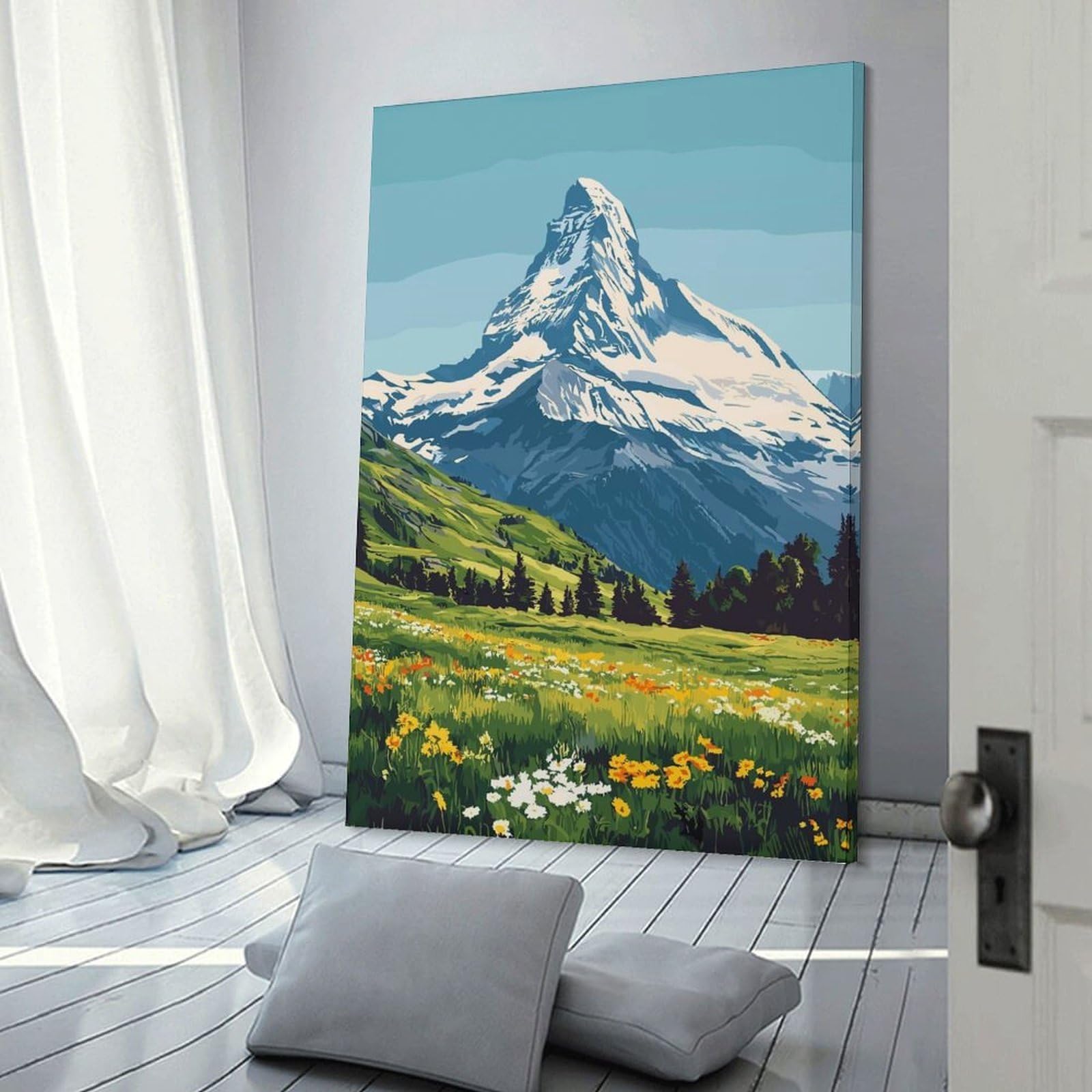 Junmoney Wall Picture Print Swiss Mountain Landscape, 24x36inch(60x90cm), for Lounge, Bedroom Or Personal Spaces, Canvas Artwork with Gifting Potential
