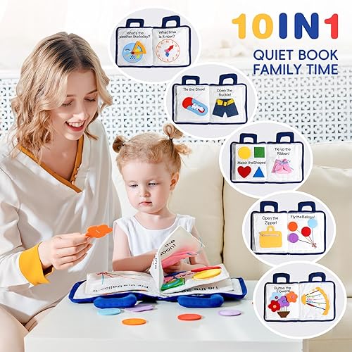 Miniatura 3 de Jollybaby Libros suaves y ocupados para bebés, mi libro tranquilo, juguete de viaje y educación sensorial Montessori, 10 actividades de aprendizaje