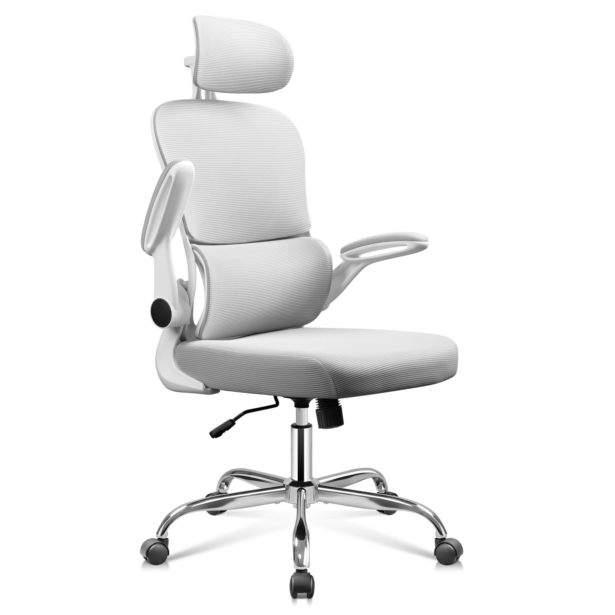 DEVAISE Bürostuhl Ergonomisch, Schreibtischstuhl mit Lendenwirbelstütze, 3D-Kopfstütze, 90° Klappbaren Armlehnen und Atmungsaktivem Netzrücken, Wippfunktion für Büro & Homeoffice, bis 150kg