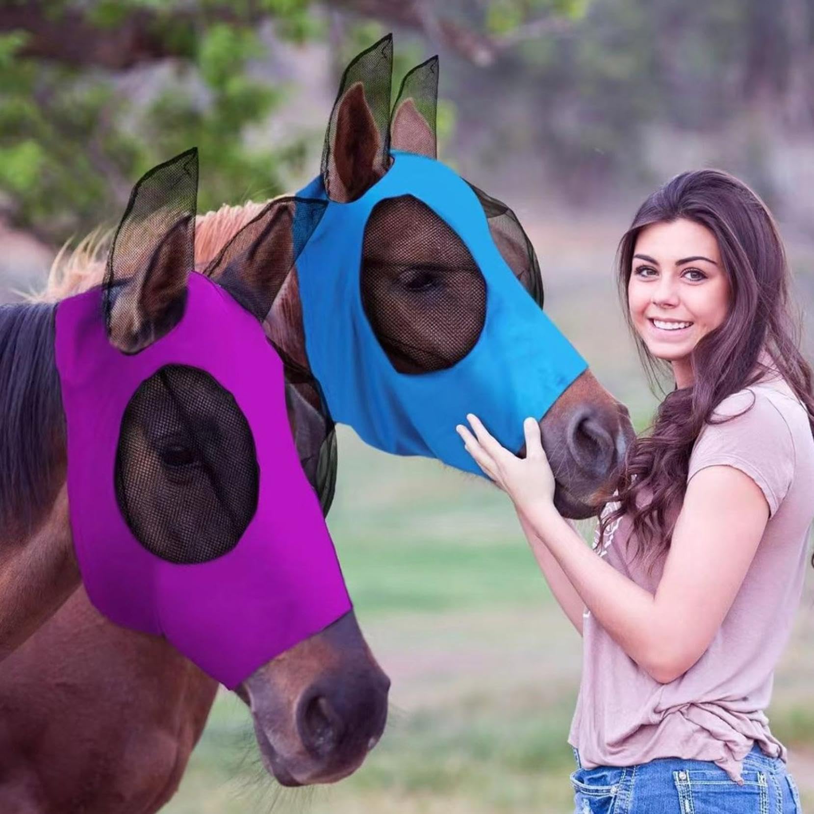 Masque anti-mouches pour chevaux avec oreilles, lycra respirante, protection UV, 3 pièces