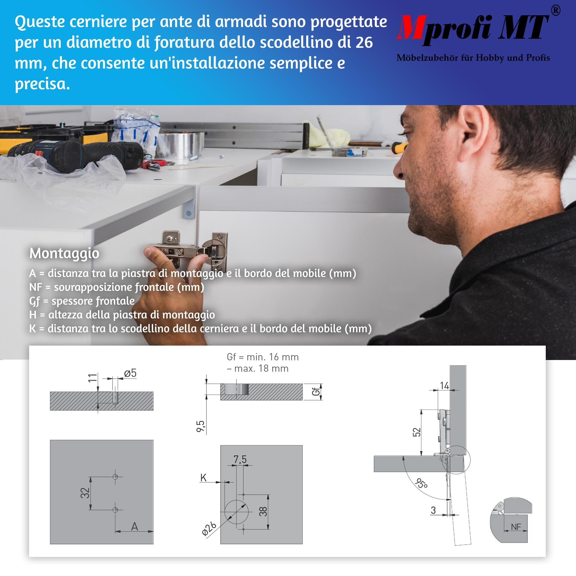 Mprofi MT® 4 Pezzi | Mini Cerniere per Ante Cucina | Ø26mm Battuta Esterna | Cerniere per Armadio | Cardini per Mobili | Cerniera per Ante | Cerniera a Molla | Acciaio Nichelato