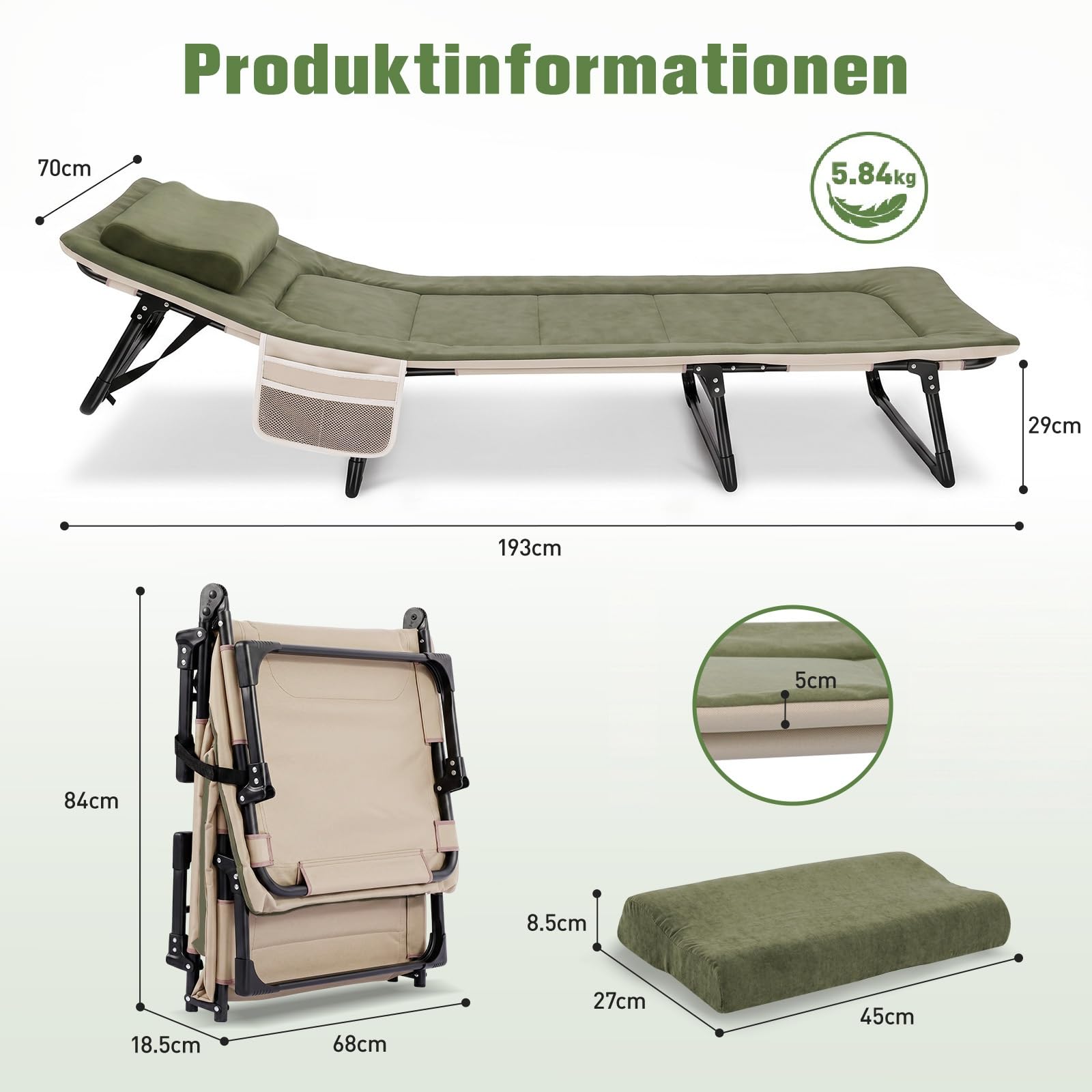 Sekey Campingbett Klappbett faltbar fГјr Erwachsene, Feldbett bis 200 kg belastbar mit Kissen, Reisebett GГӨstebett fГјr Camping, Festival, BГјro, Garten und Wohnmobil - DunkelgrГјn