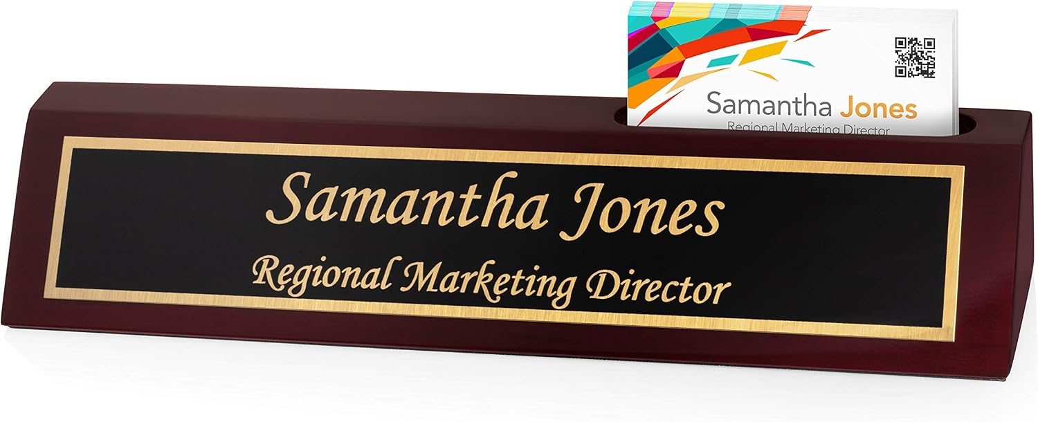 Providence Engraving Personalized Wood Desk Name Plate for Office, Custom Laser Engraving with Business Card Holder, Piano Finish Desk Wedge in Rosewood, 2x10