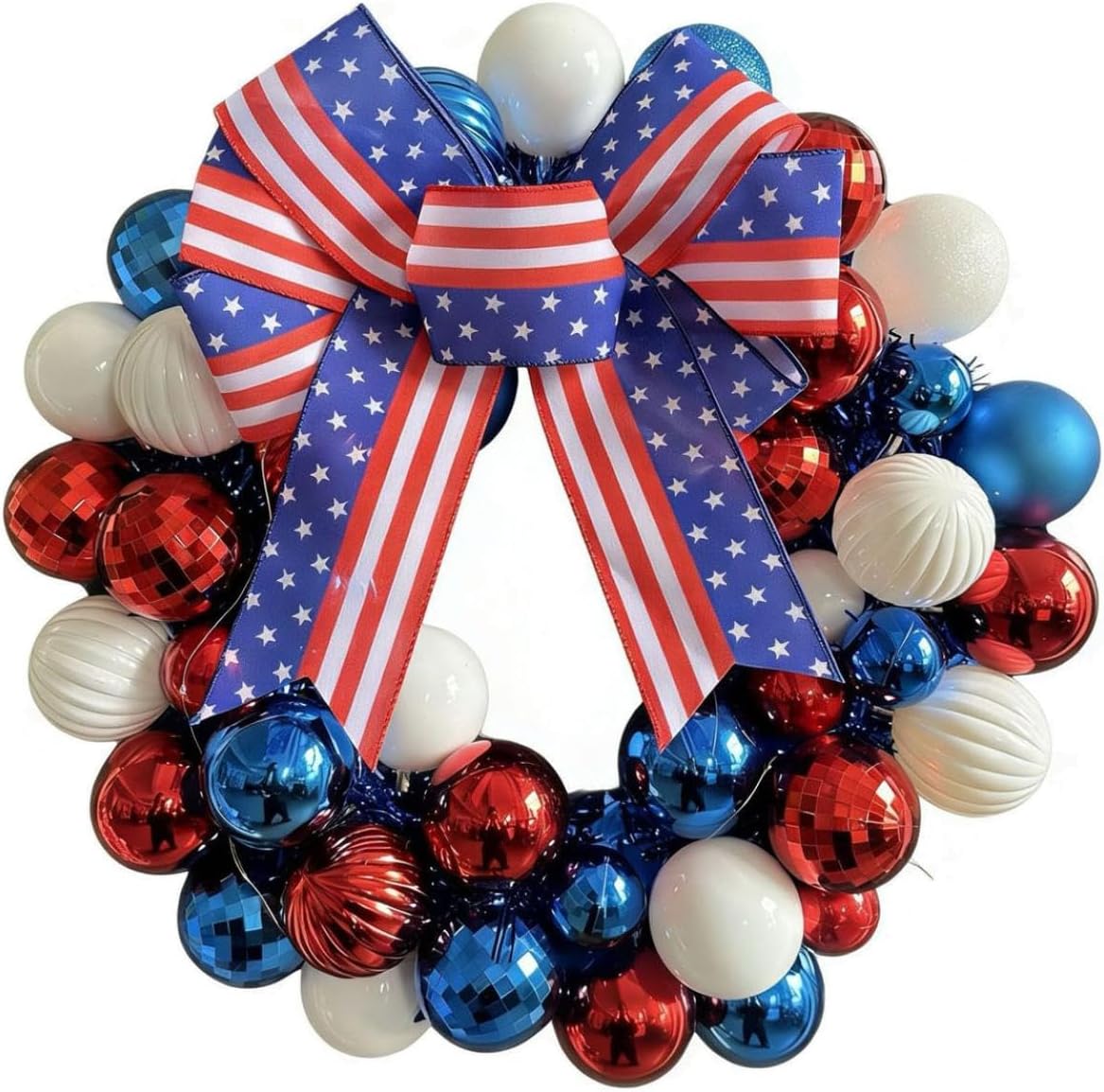 18 Inch Red White and Blue Balls Patriotic Wreath for Front Door 4th of July Glitter Christmas Ball Wreaths with American Flag Bow for USA 250th Anniversary Memorial Day Independence Day Party Decor