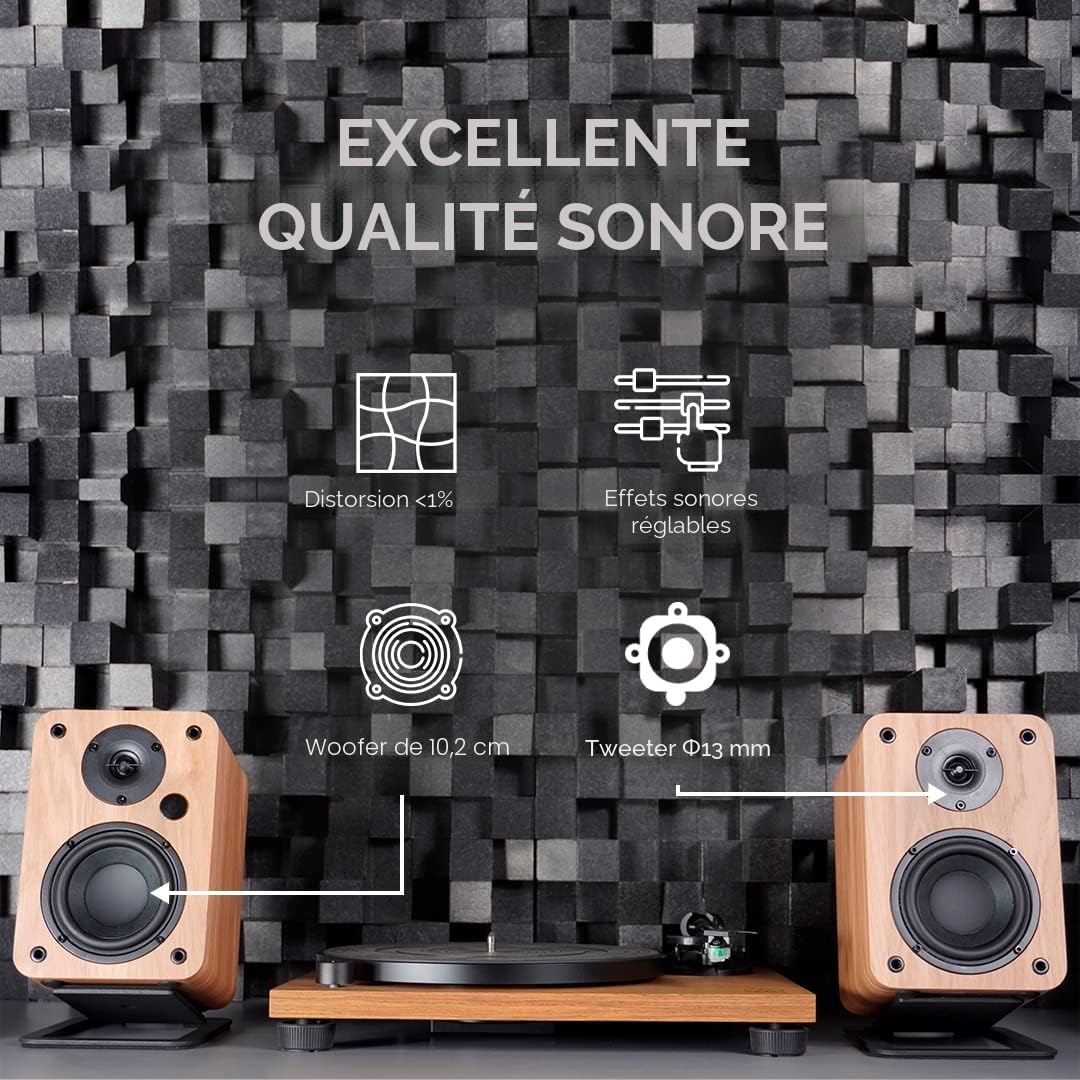 VULKKANO A4 Enceintes Monitoring Active avec Woofer 4", Bluetooth 5.0, Optique, RCA, Coaxial, USB, Haut Parleur de PC au Design Élégant, Couleur Marron