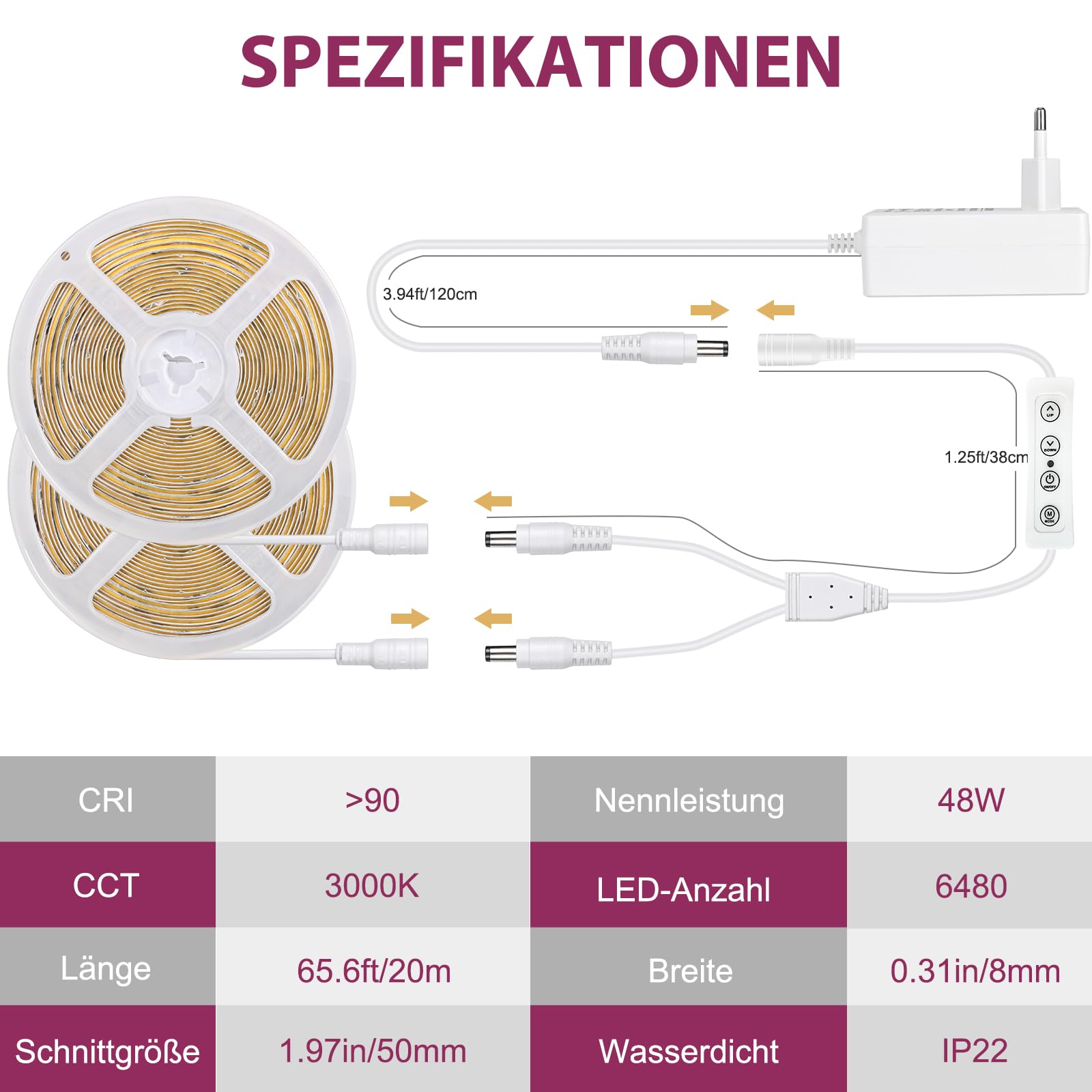 COB LED Streifen Warmweiss 3000K 24V Dimmbar CRI 90+ Set mit Netzteil und RF Fernbedienung