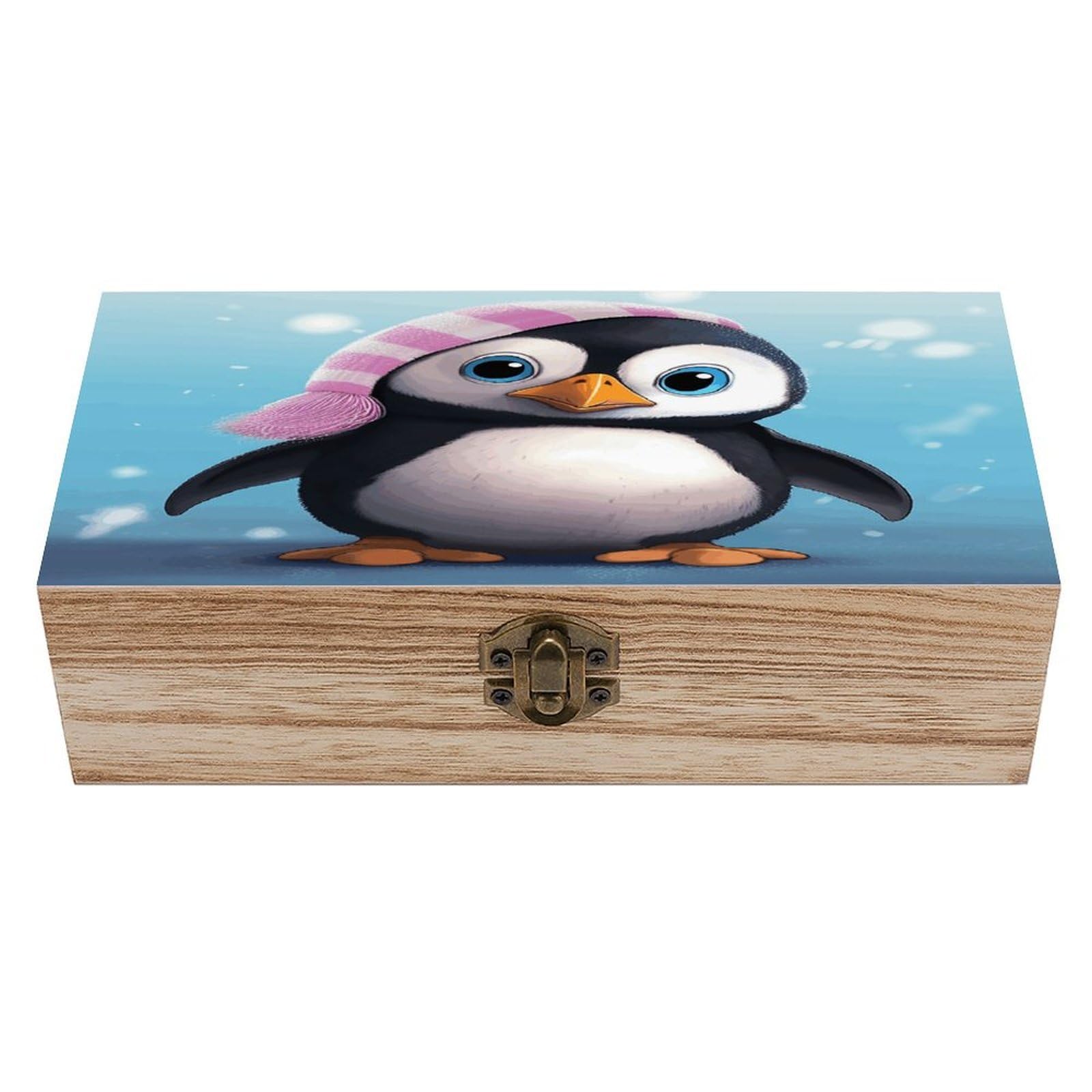 JTREHY Lovely Penguin Wooden Keepsake Box Vintage-Style Wood Keepsake Case with Hinged Lid Solid Wood Boxes Beautifully Memory Treasure Case Vintage-Style Wooden Storage Box
