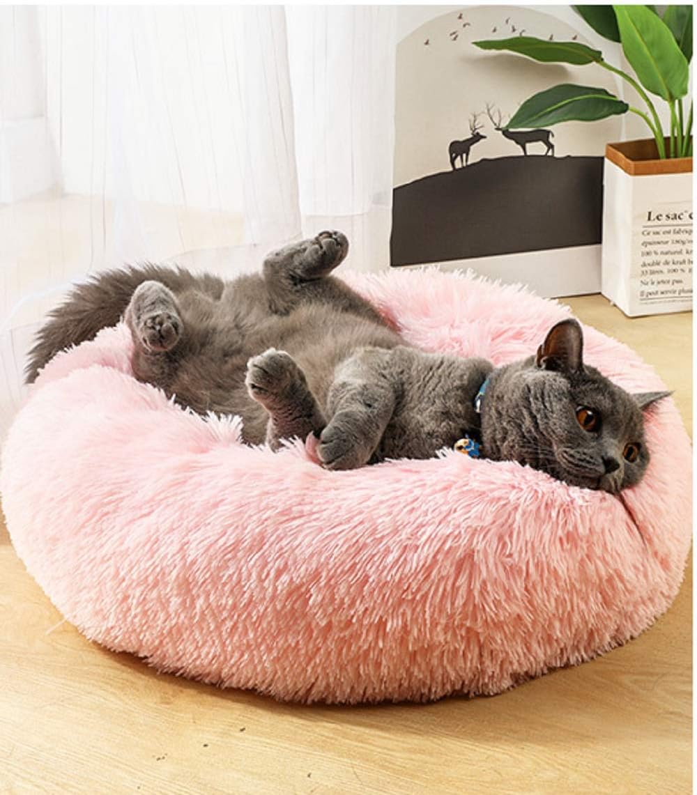 Vivi Bear Cat Bed Dog Bed Round pet nest Extra Soft Comfortable Cute,Cat Cushion Bed Washable,Oval Donut Nesting Cave Bed Suitable for Cats and Small Medium Dogs Bright Pink(23.6in in Diameter)