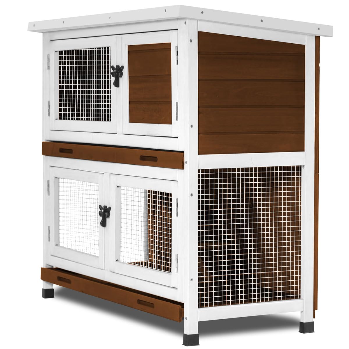 2 Story Rabbit Hutch, Indoor Outdoor Bunny Hutch Solid Wood Rabbit Cage with Removable Trays, Waterproof Asphalt Roofs and Ventilation Door, Small