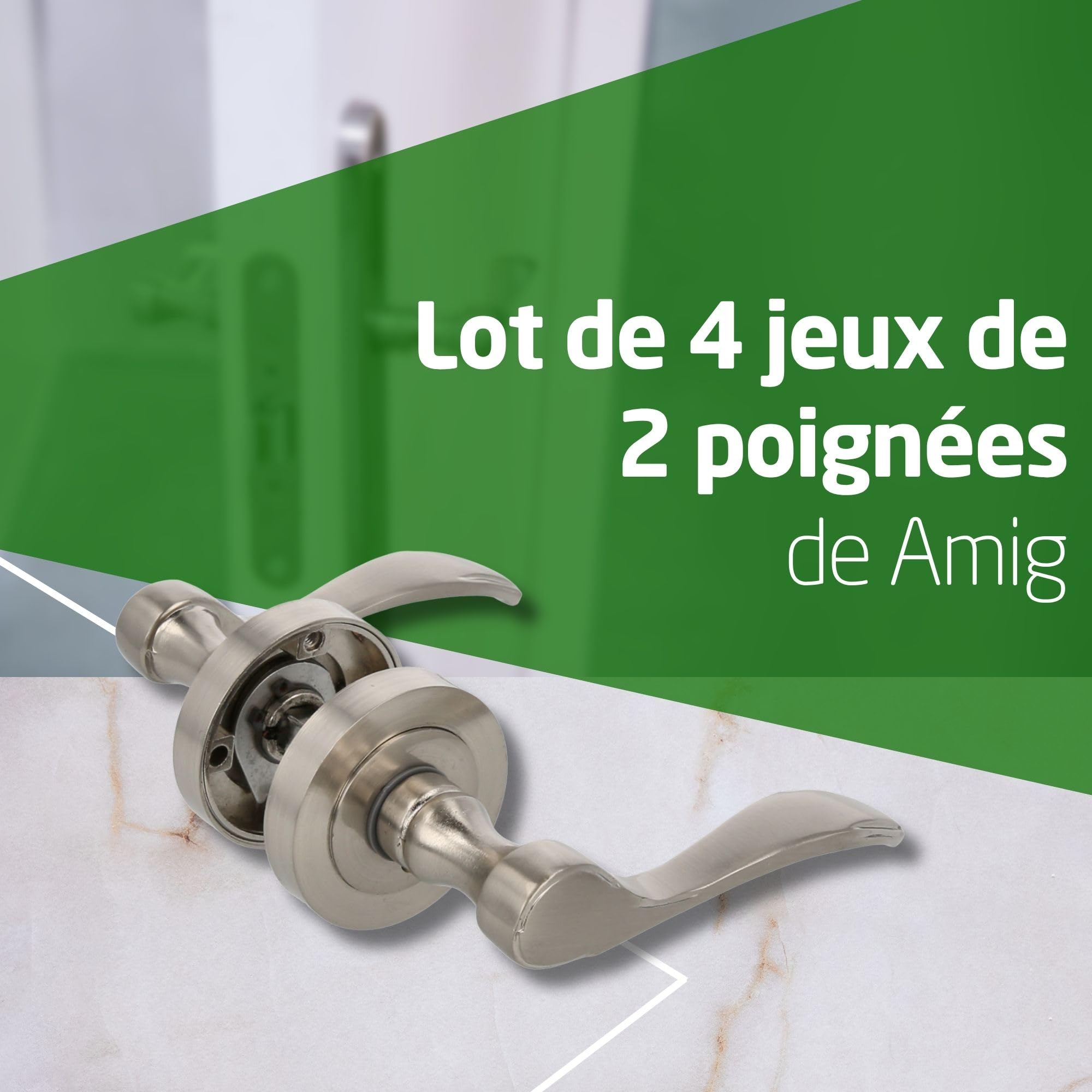 Amig - Lot de 4 poignées de porte avec rosace en Zamak Mod. ISHI RX, 52 mm, carré de 8 mm, design élégant et simple, aluminium nickel brossé