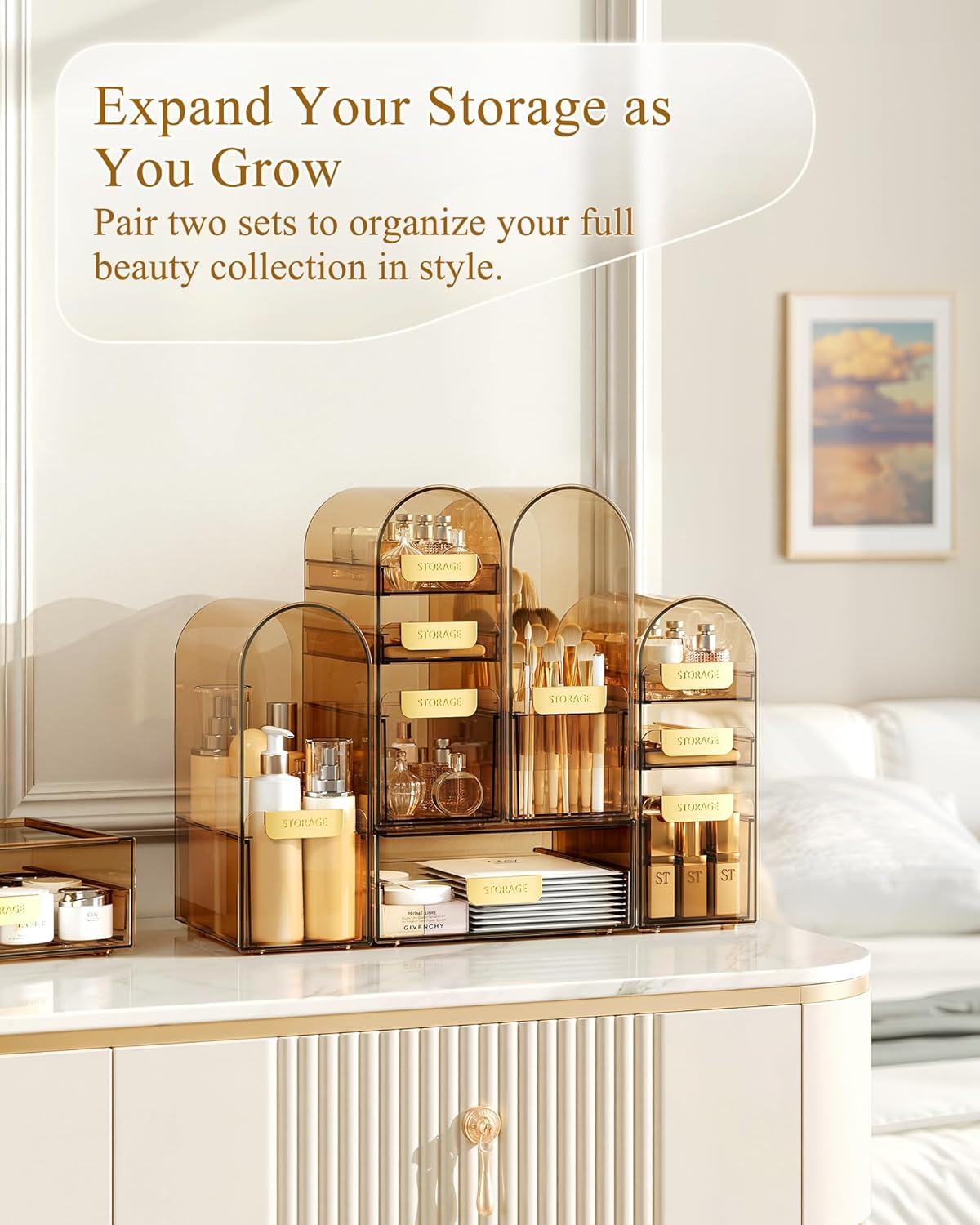 Makeup Organizer, Dual Arch Stackable 3-Piece Vanity Storage with Drawers & Brush Holder, Amber Acrylic Skincare & Cosmetic Organizer