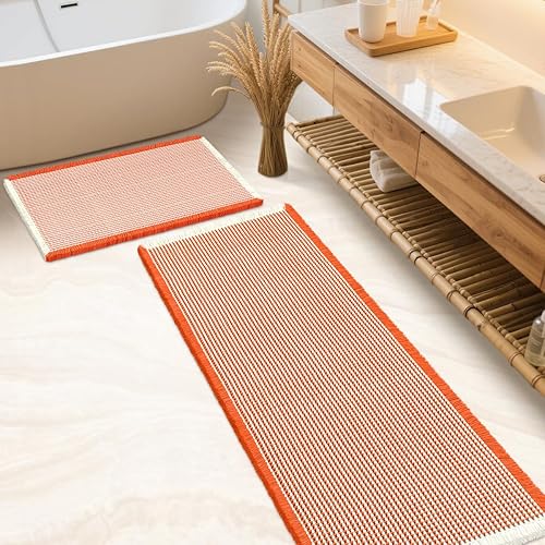 Miniatura 39 de Juego de alfombrilla de baño IM HOME 3 piezas beige, alfombrillas de baño modernas tejidas, alfombrilla de baño antideslizante absorbente,