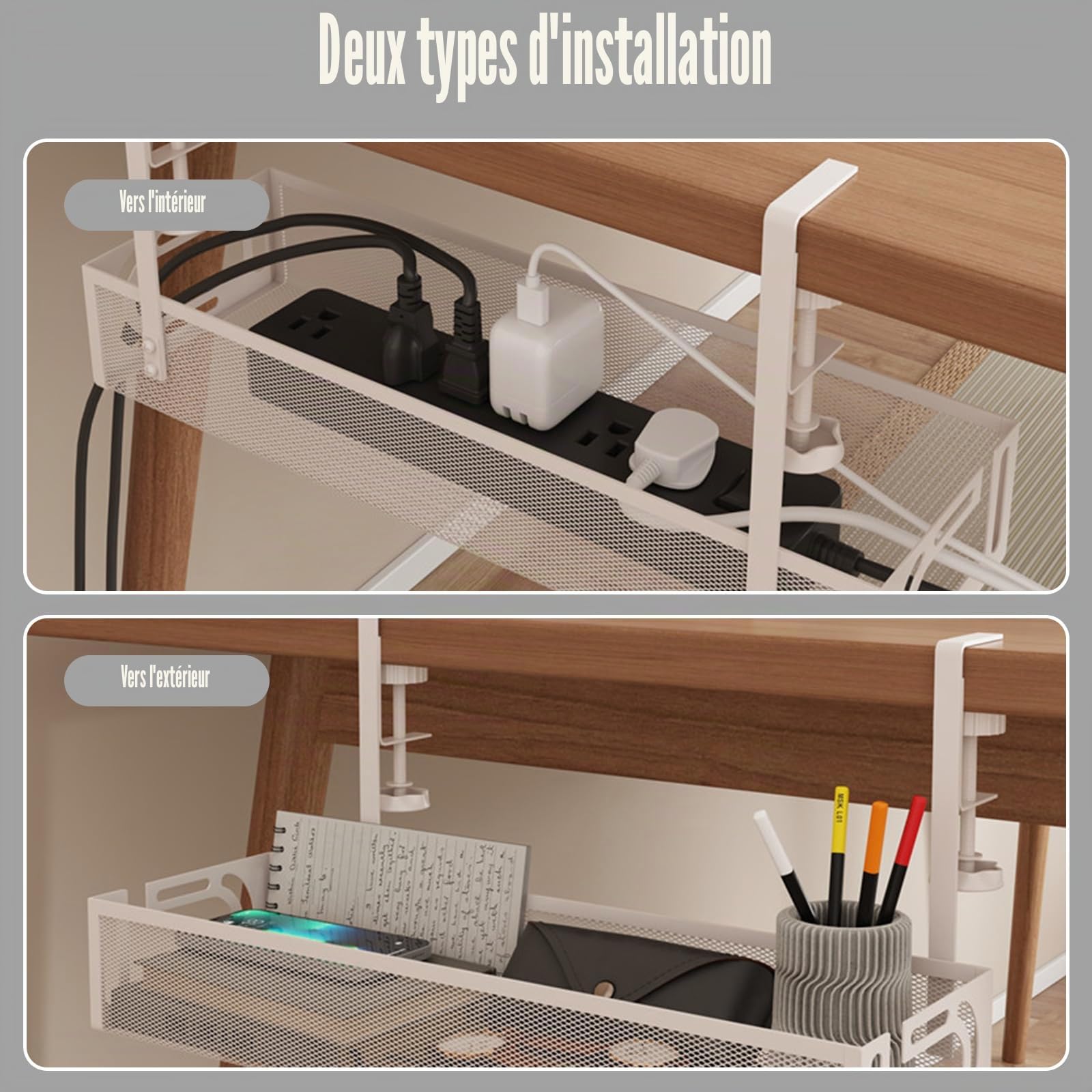 Cache Cable Bureau sans Percer, Plateau de Gestion des Câbles sous Le Bureau, Chemin de Câbles en Treillis MéTallique avec Pince, pour Domicile(Blanc 1, 40 * 13 * 7cm)