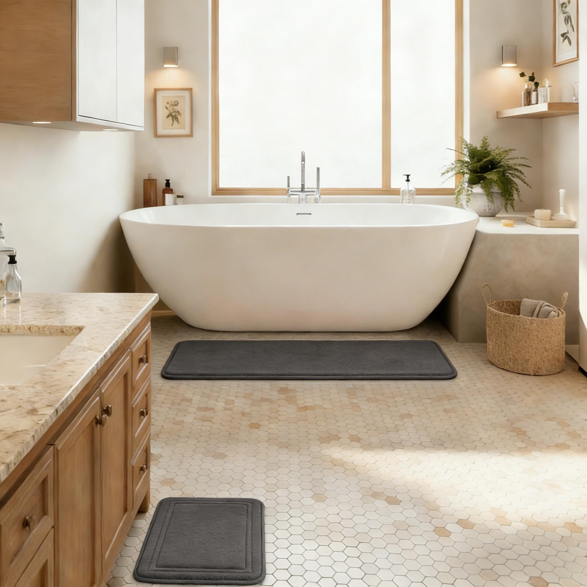 PAGGED Grey Bathroom Rug Set of 2 Memory Foam Bath Mat Runner Set Non Slip Washable Floor Mats Soft Absorbent Plush Microfiber Shower Tub Bathmat Gray