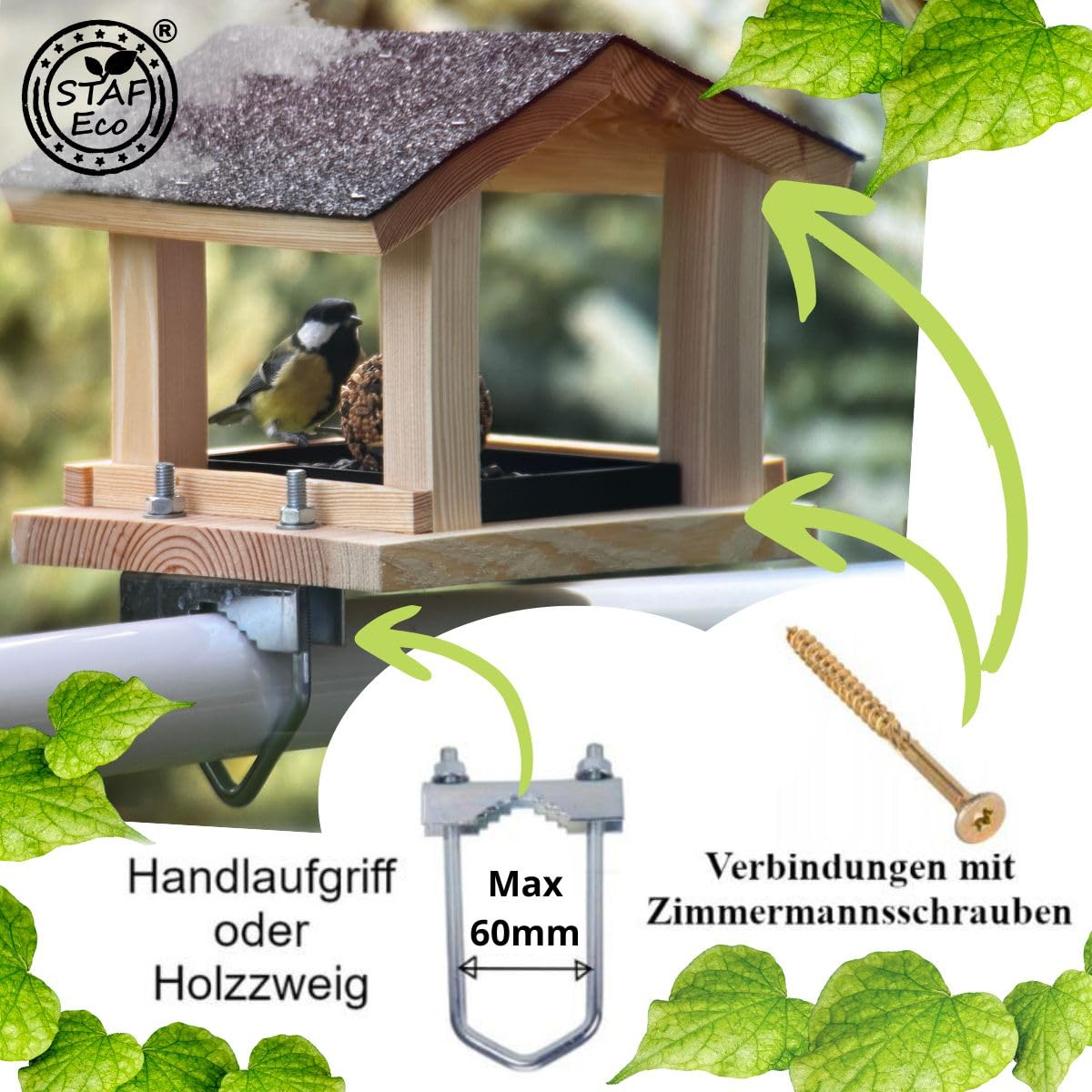 STAFECO Handmade Garden Bird Feeder, Weatherproof, with Balcony Bracket (30-60 mm) - Image 3