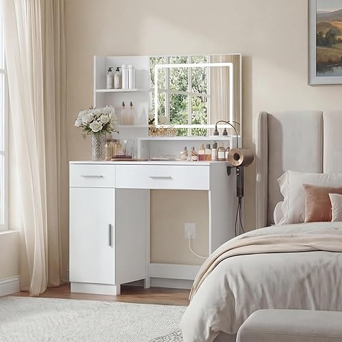 Vanity Desk with LED Mirror and Lights, Makeup Vanity Table with Power Outlet, Drawers, Cabinet, Dressing Table with Open Storage Shelves for Bedroom, Dressing Room, White