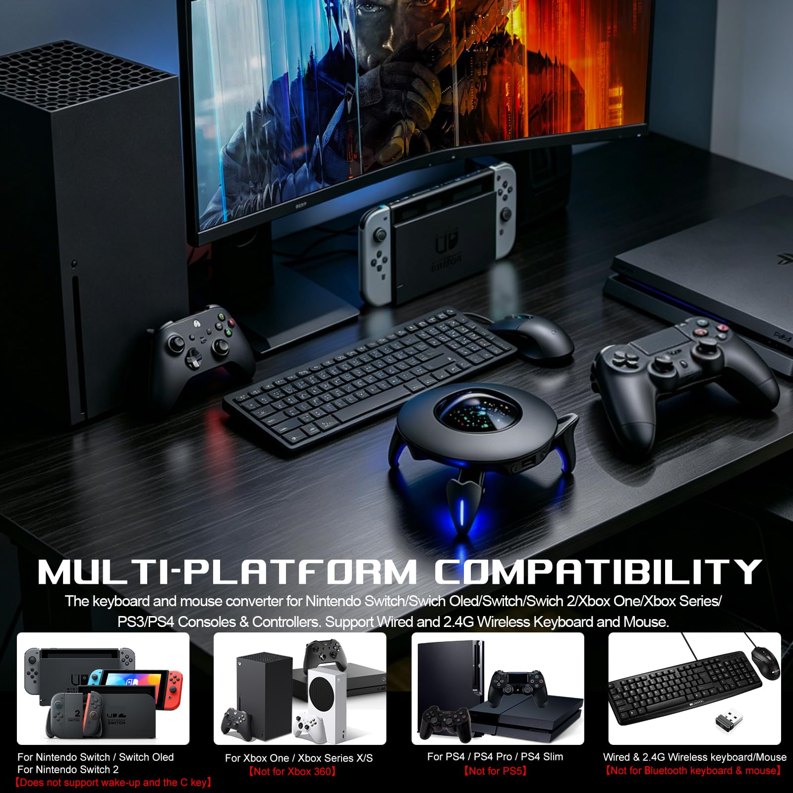 Adaptateur clavier et souris pour Nintendo Switch/Switch 2/Xbox Series X/S/Xbox One/PS4/PS3, convertisseur de console de jeu avec lumières RVB, prend en charge les touches personnalisées, Play FPS