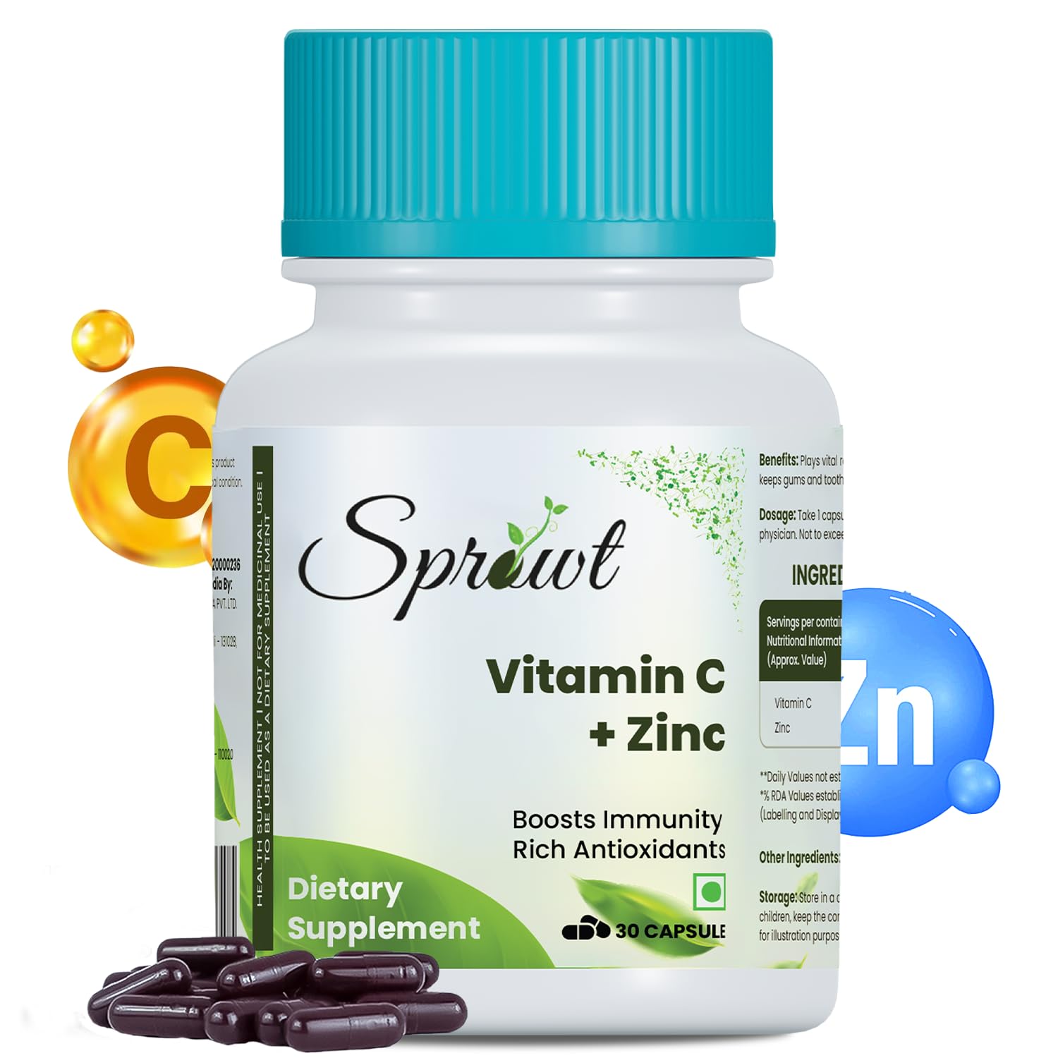 Sprowt Plant-Based Vitamin C with Zinc Supplement with added Spirulina | Immune support supplement, Collagen Boost, Nutrient Absorption, Antioxidant Rich | Gluten-Free Formula | 30 Capsules