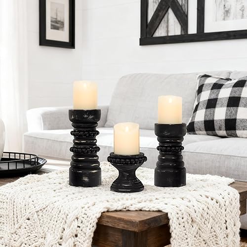 Miniatura 9 de MODE HOME Juego de 3 portavelas de madera rústica, portavelas de pilar de madera con cuentas de granja, portavelas para velas de pilar y