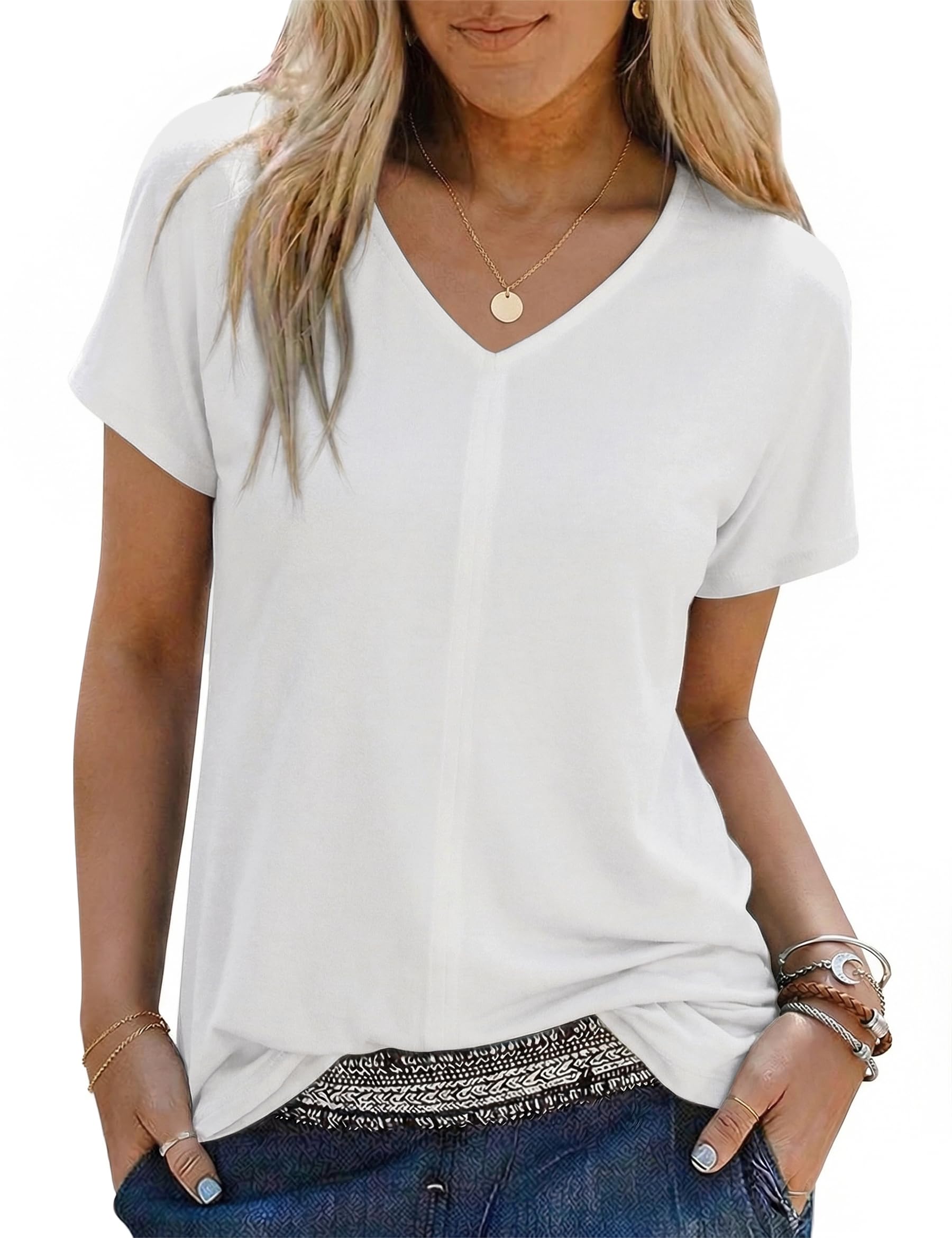 Jahetuul T-Shirt Damen Kurzarm mit V-Ausschnitt Locker geschnittenes Basic Shirt bequemes Sommer Oberteil für Alltag Büro Freizeit