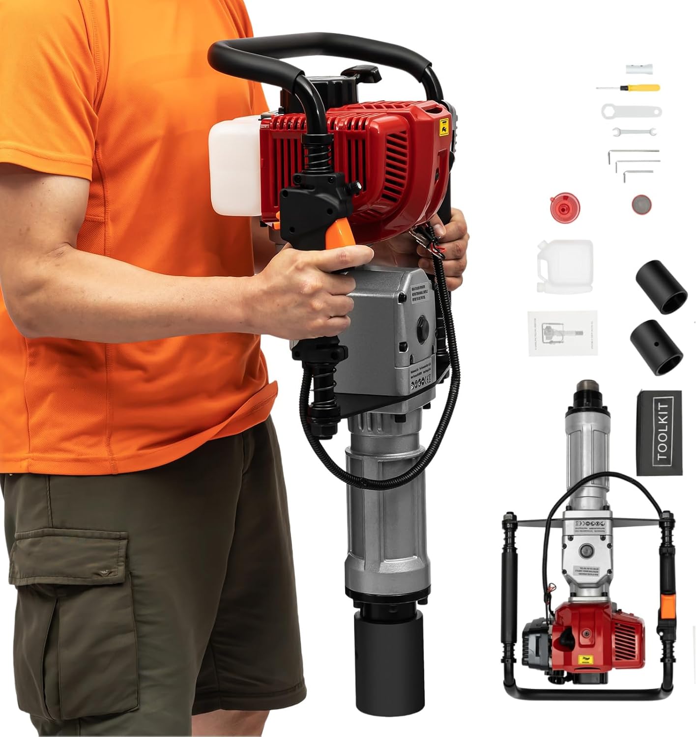 2 Stroke Gas Powered T-Post Driver, 52CC 6500RPM Fence Post Driver Hand Drill 1900W 2.3HP Farm Piling Driver Air Cooling Single-Cylinder Gasoline Garden Tools with 55mm-70mm Driving-Head