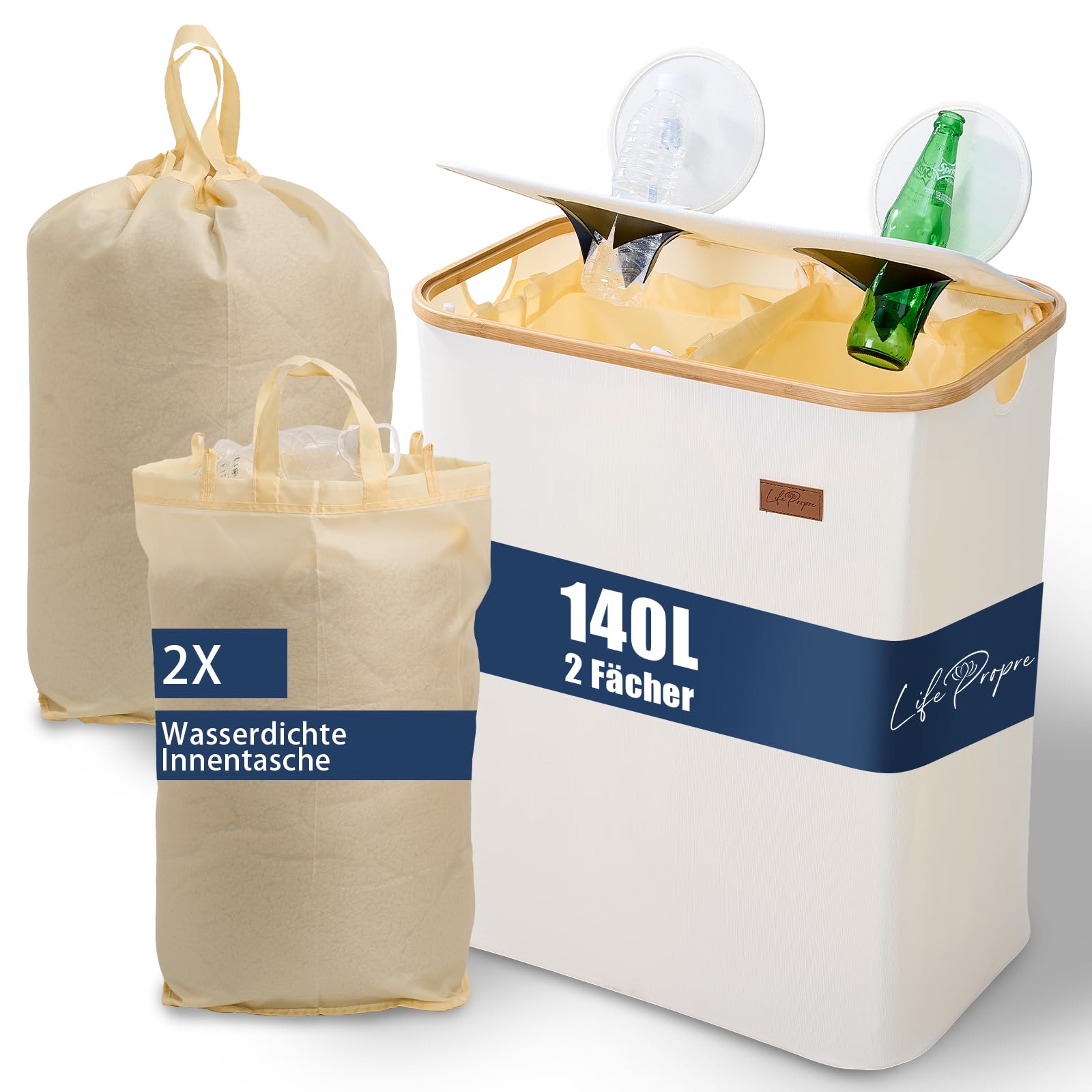 Pfandflaschen Sammelbehälter 140L mit Deckel, 2 Fächer Leergut Sammler für Dosen & Altglas, geruchsdicht, 2 waschbare Taschen mit Kordelzug, faltbar & recycelbar-für Küche, Haushalt, Abstellraum & WG