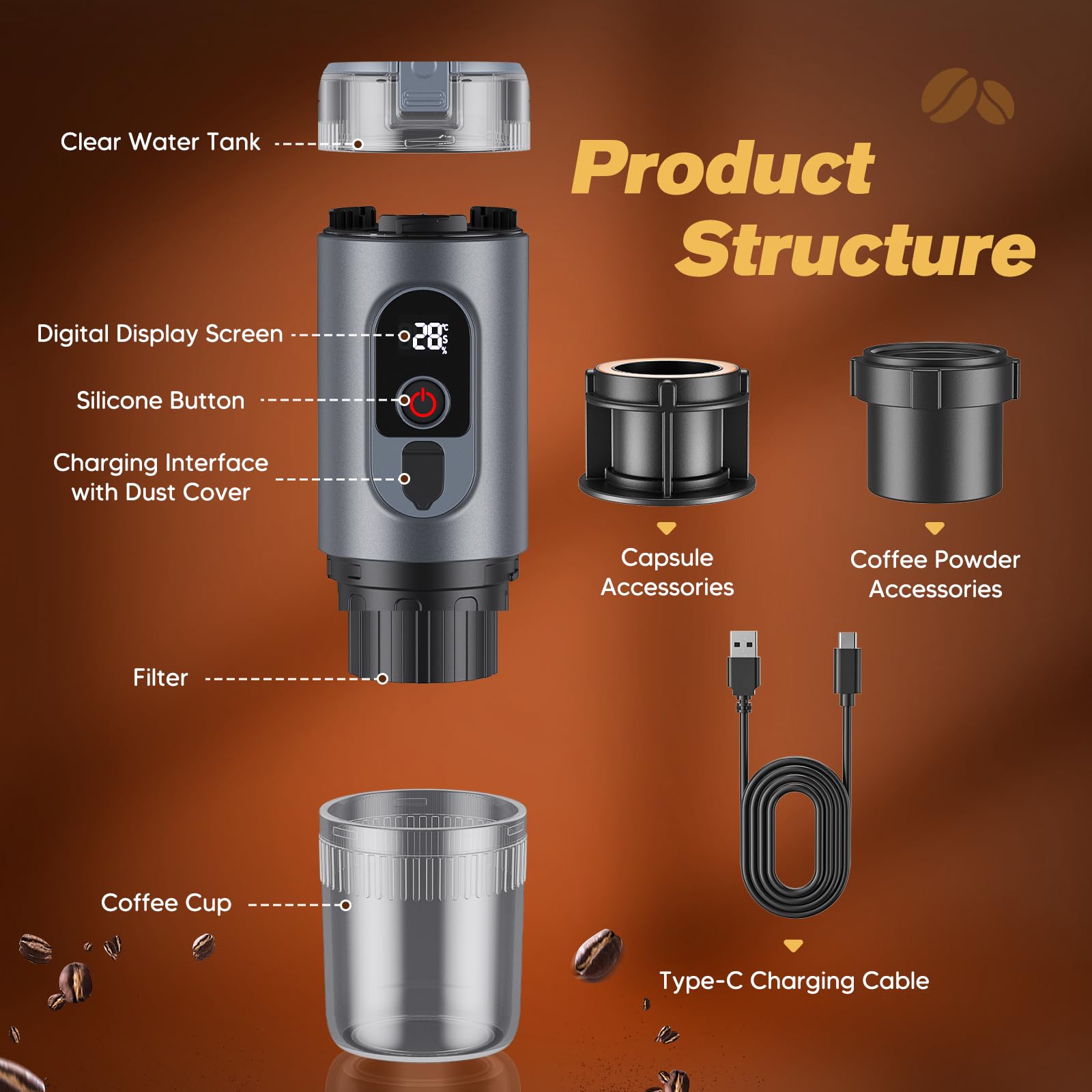 Macchina da caffè portatile 2 in 1 con batteria da 7650 mAh, pressione di 20 BAR, estrazione a caldo/freddo, per capsule e caffè macinato, portatile per ufficio, viaggi e campeggio (Grigio)