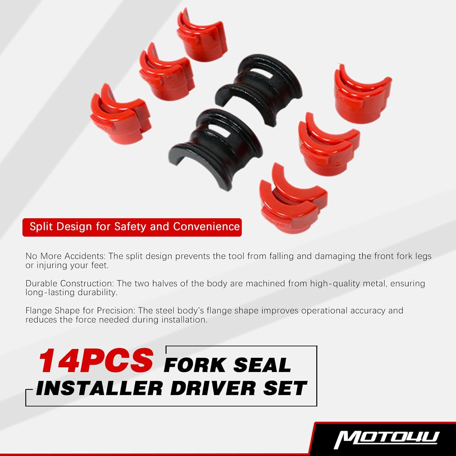 MOTO4U Motor Bike Fork Seal Driver Kit, Universal Motorcycle Fork Seal Driver Tool with 12 Plastic fork seal driver and 2 steel bodies,Fork Saver Dirt Bike (35-50mm,Red)