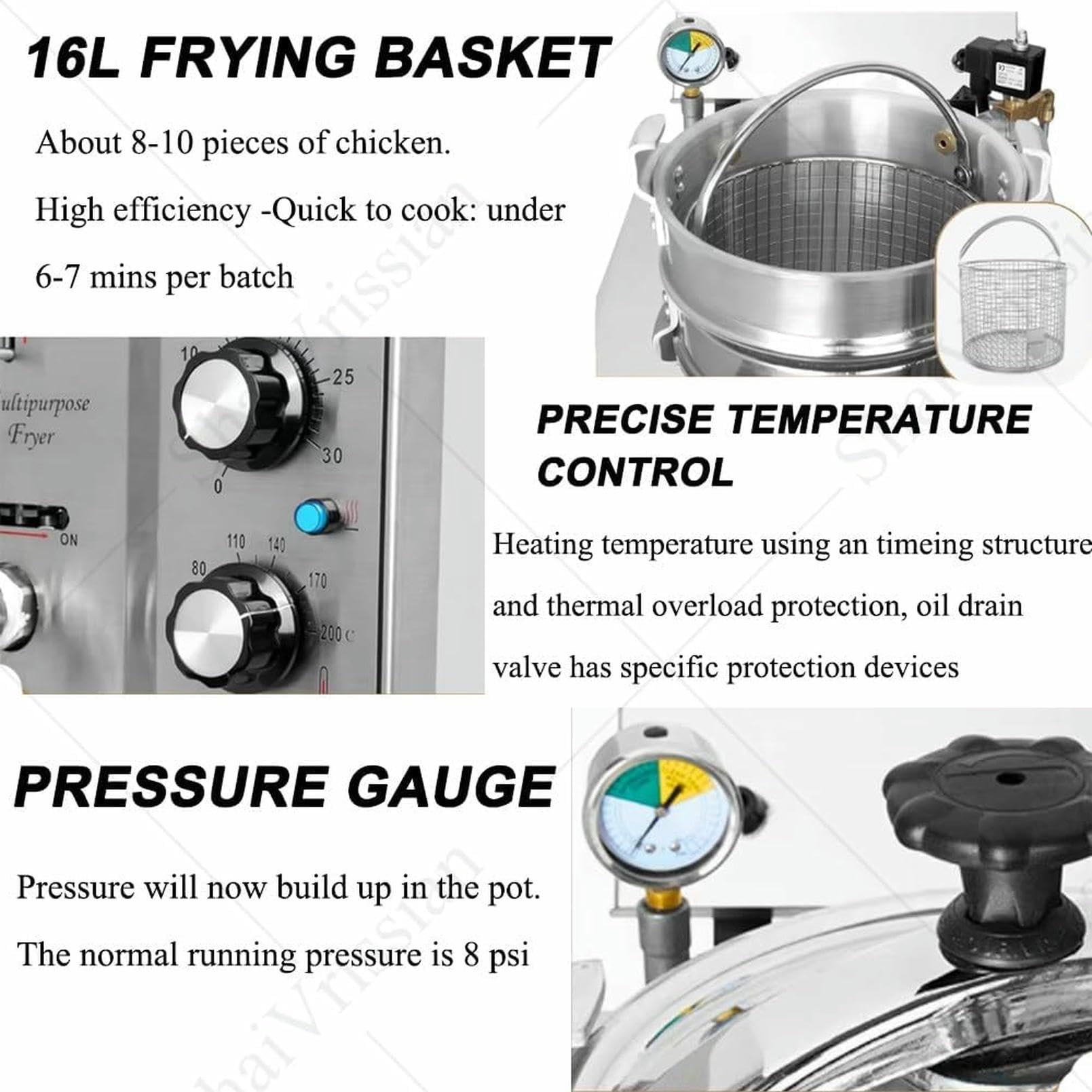 Freidora A Presión Eléctrica Comercial De 16 L, Freidora De Encimera De Acero Inoxidable De 3 KW, Temperatura Ajustable De 50-200 ℃, con Temporizador Y Bloqueo De Seguridad, para Restaurante